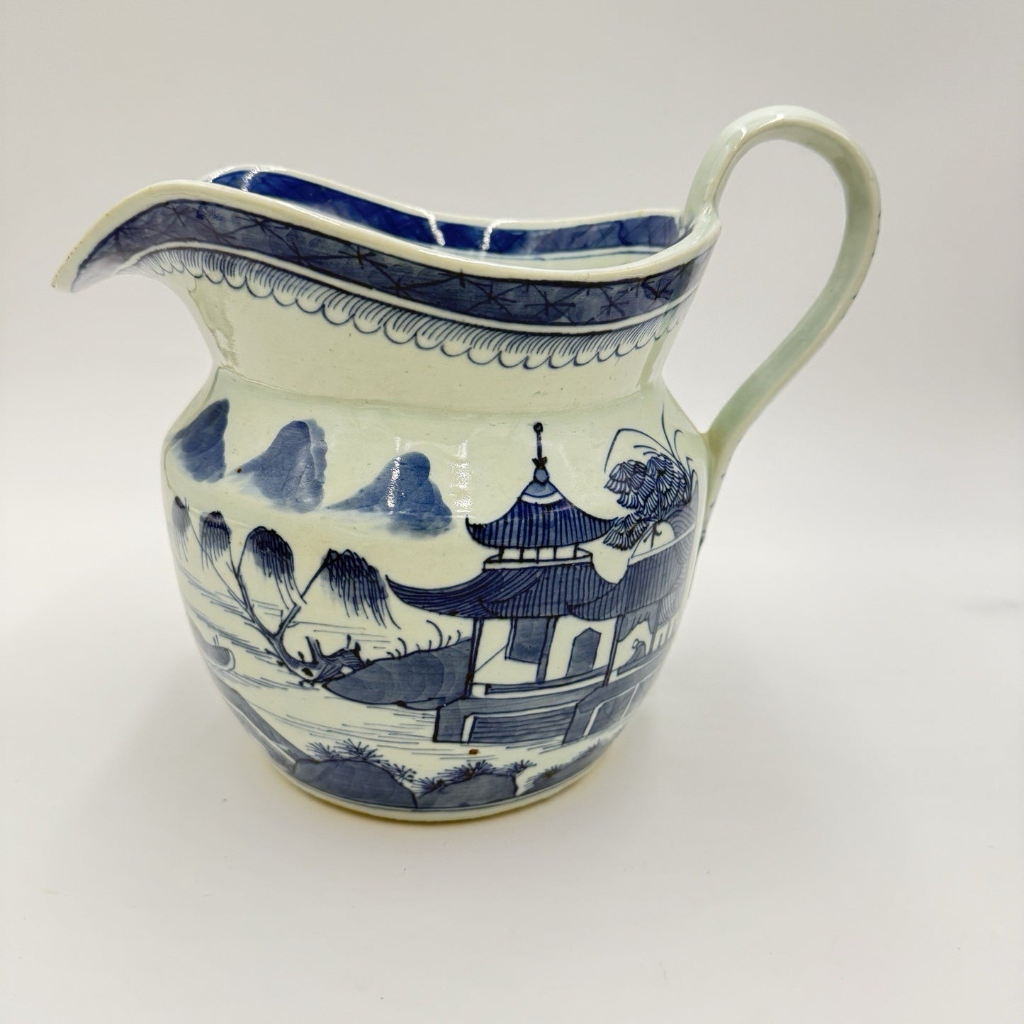 Antique Chinese Blue & White Canton Export Porcelain Large Pitcher 9”H x12” L