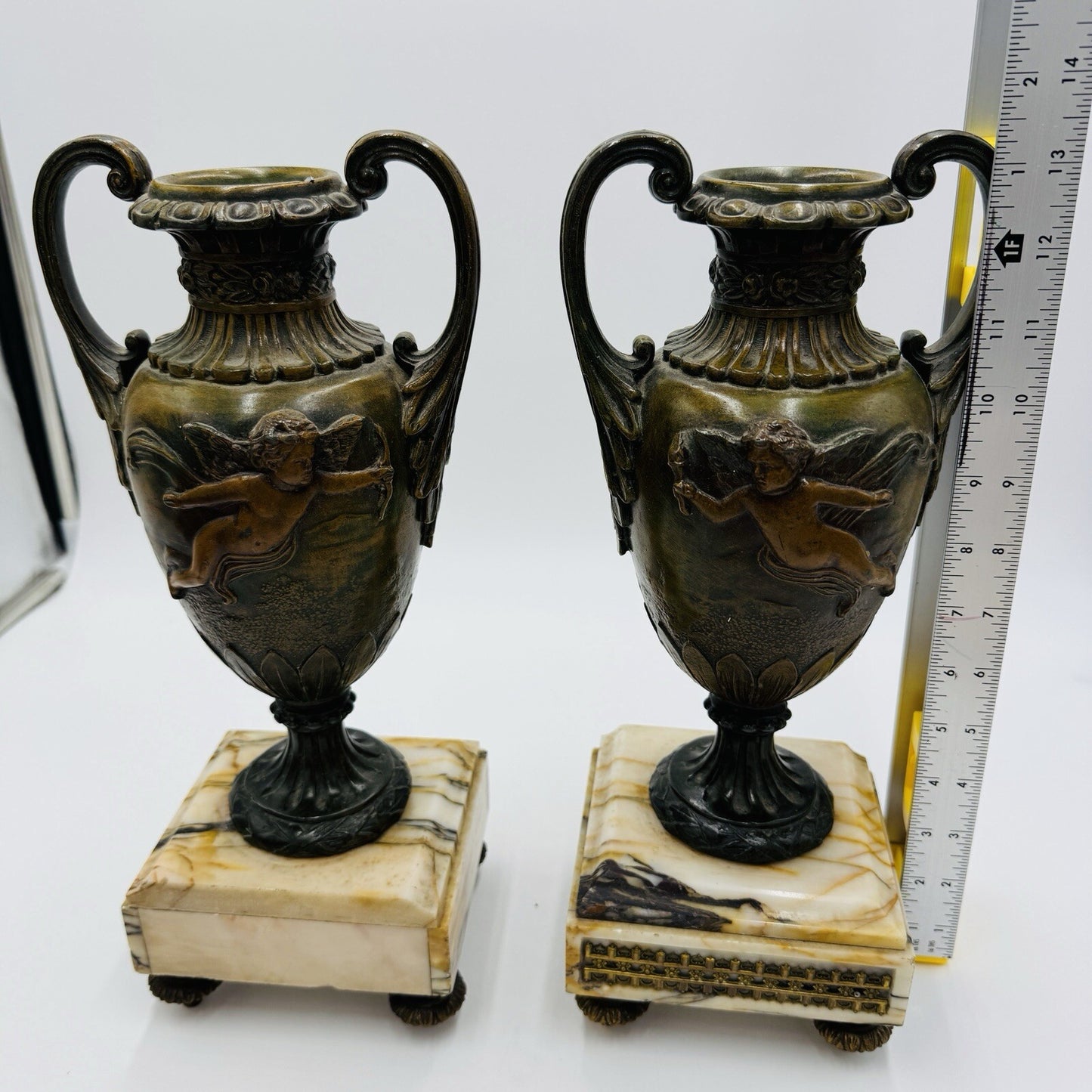 French metal vases rare 1800s Chateau ornate chimney cherubs marble base 13.5in