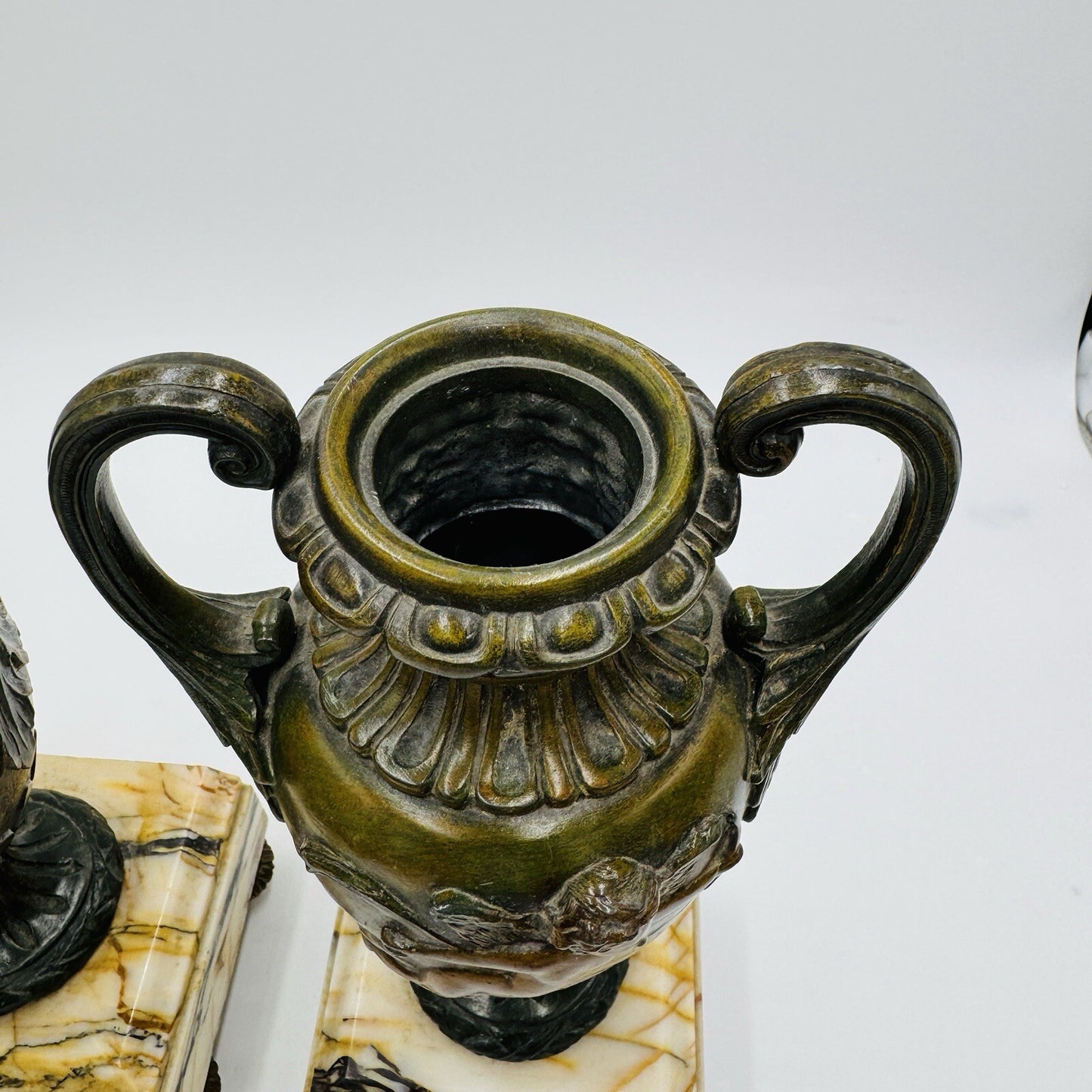 French metal vases rare 1800s Chateau ornate chimney cherubs marble base 13.5in