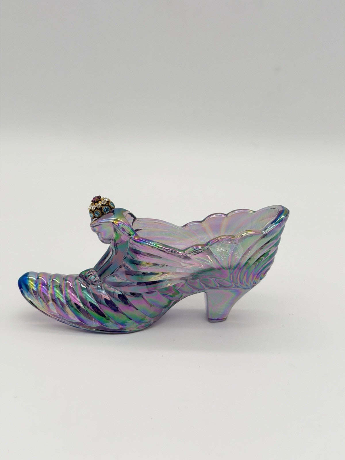 Fenton Carnival Art Glass Amethyst Iridescent Slipper Shoe Cat Head Rhinestone