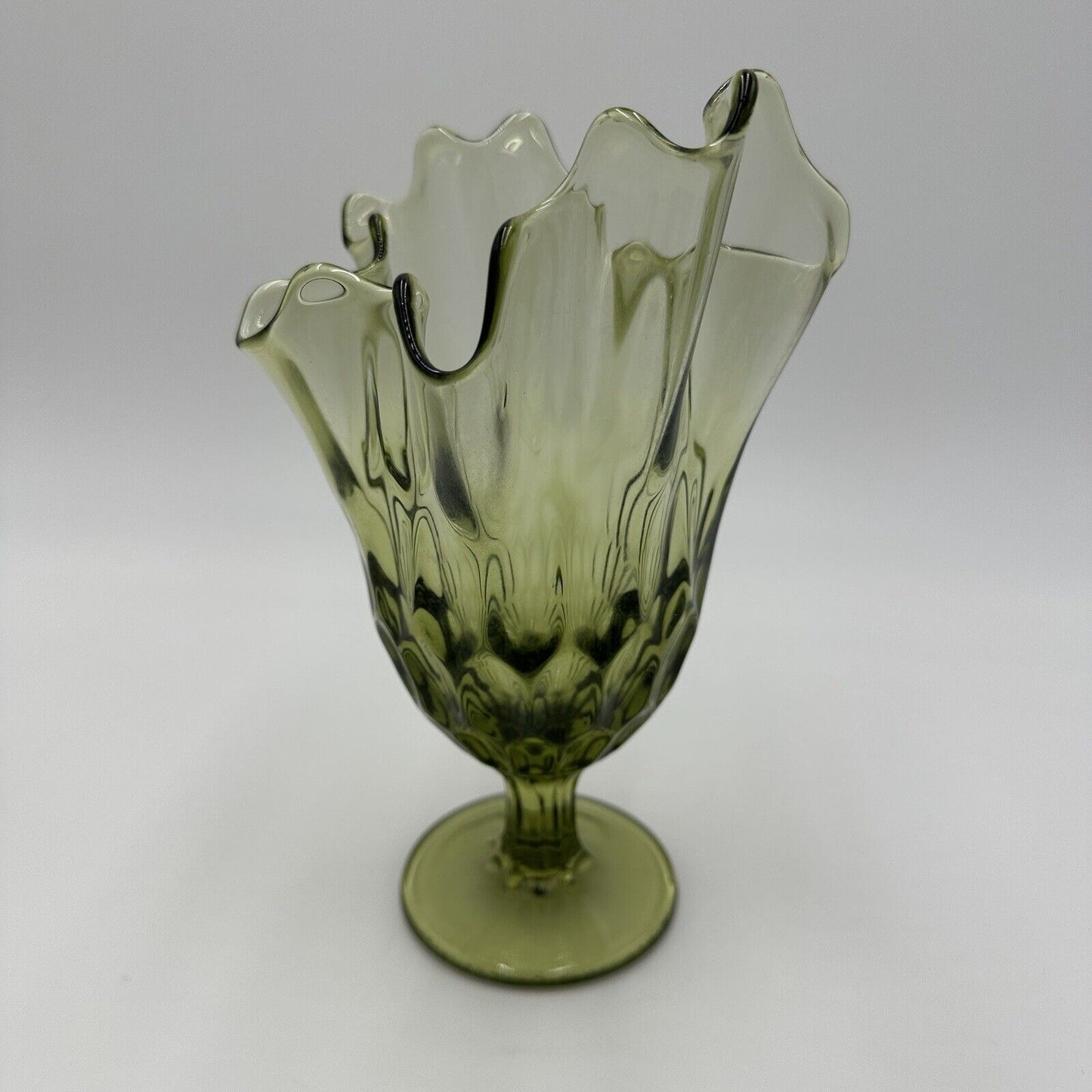 Fenton Vase Glass Colonial Green Thumbprint Handkerchief Compote Ruffled Art