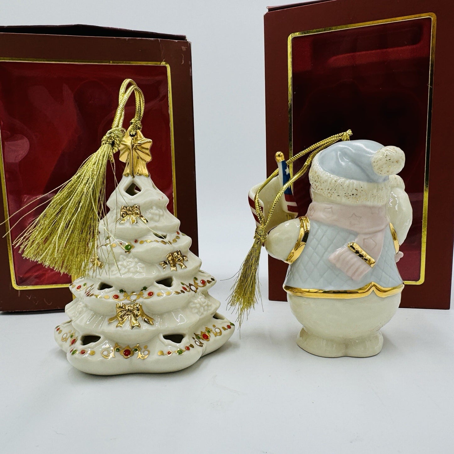 Lenox Porcelain Christmas Tree & USA Flag Snowman Ornaments