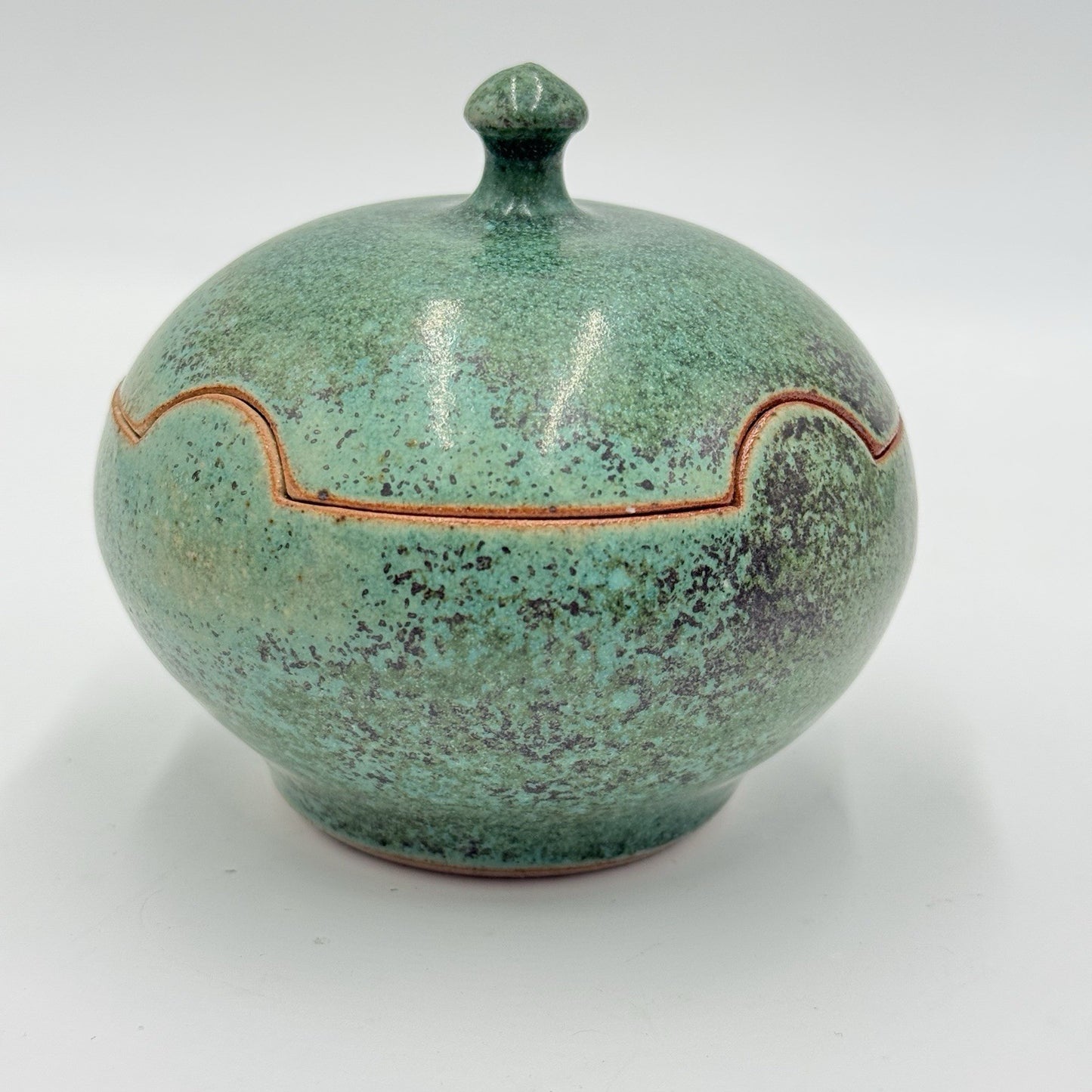 KK signed studio art pottery stoneware trinket dish green 4”vintage Rare W/lid