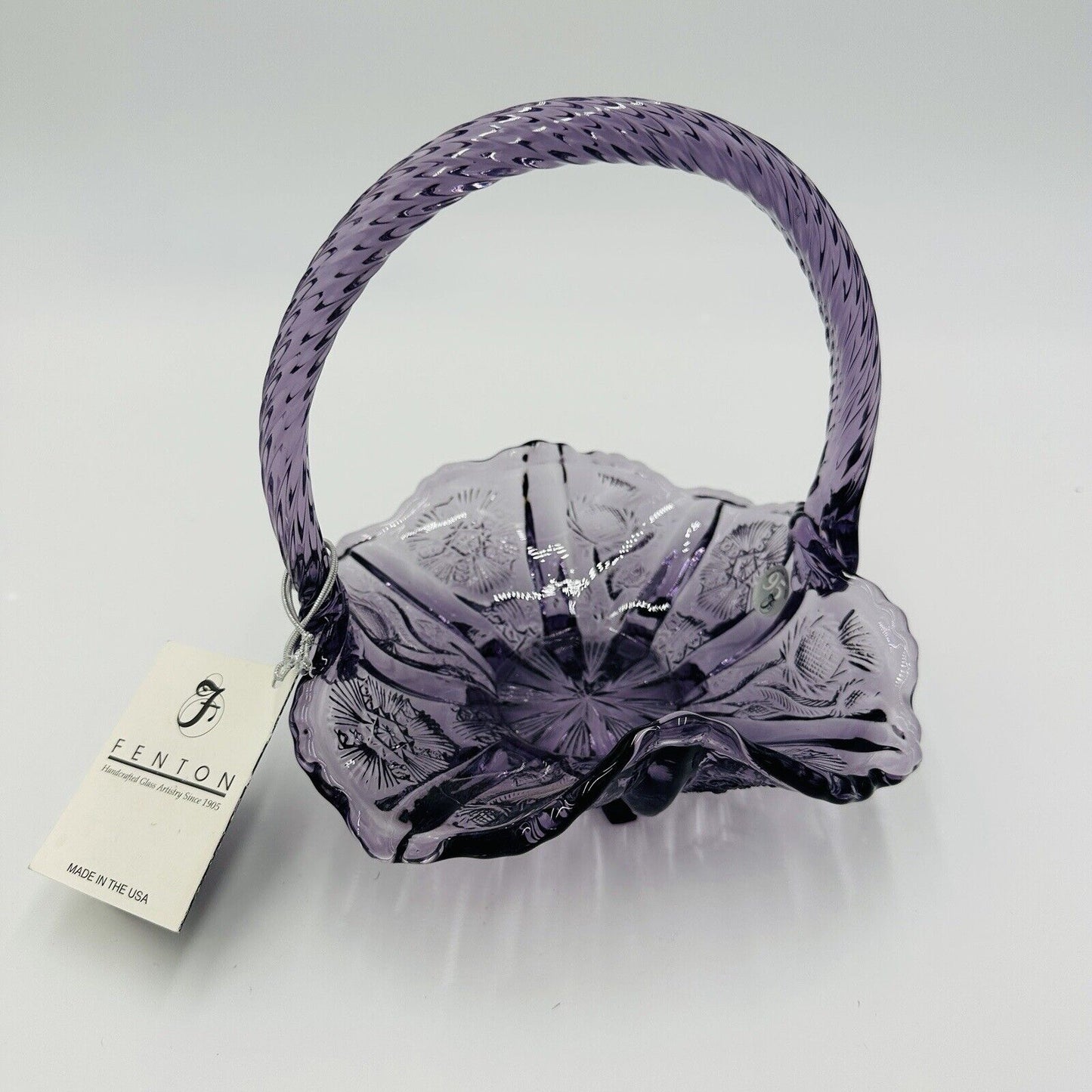 Fenton Basket 95th Anniversary Amethyst Thistle Pattern Home Decor Tags USA