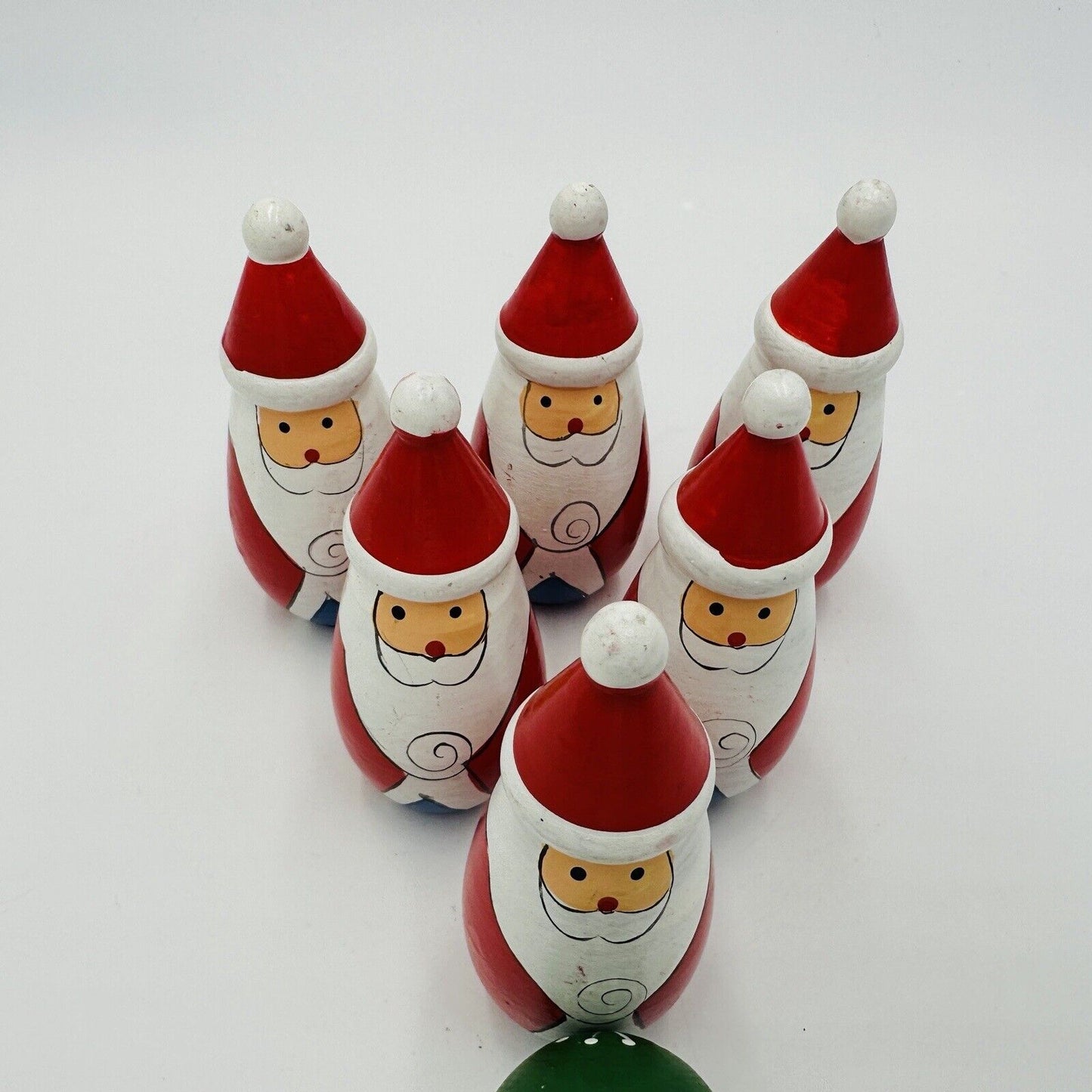 Bowling Pins Ball Santa Claus Wooden Christmas Decor Vintage Hand Painted Set