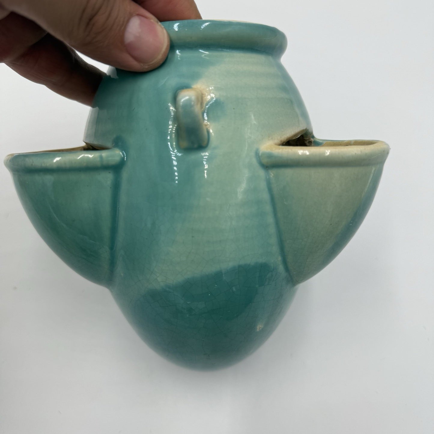 Roseville Art Pottery Ixia Art Deco 1937 hanging pocket planter turquoise 6”rare
