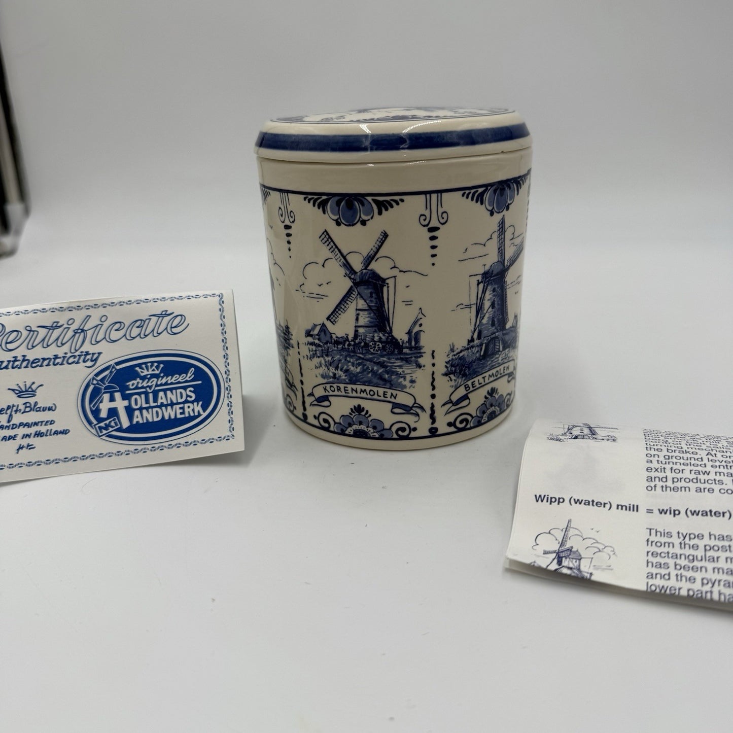 Vintage Delft Blue Windmill Storage Canister Hand Painted Dutch COA Paperwork