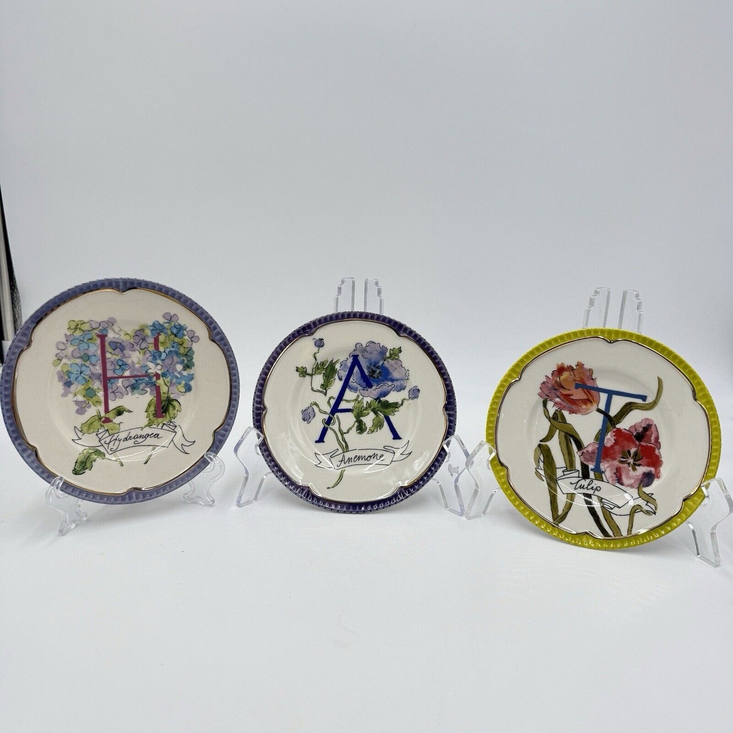 Anthropologie Eyewanderer Monogram Letters H A T Plates Set 3 Floral 6”
