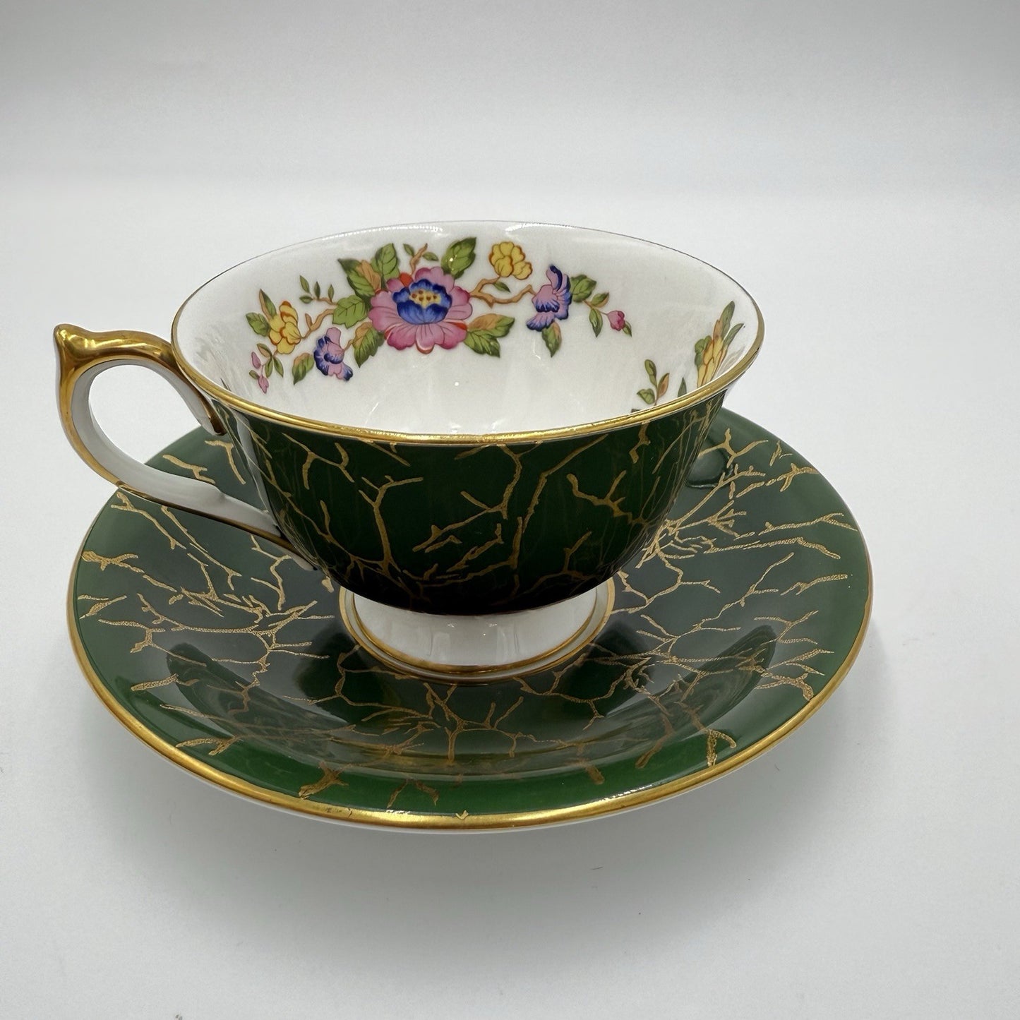 Aynsley Bone China Pembroke Pattern English Dark Green Floral Bird Crackle-like