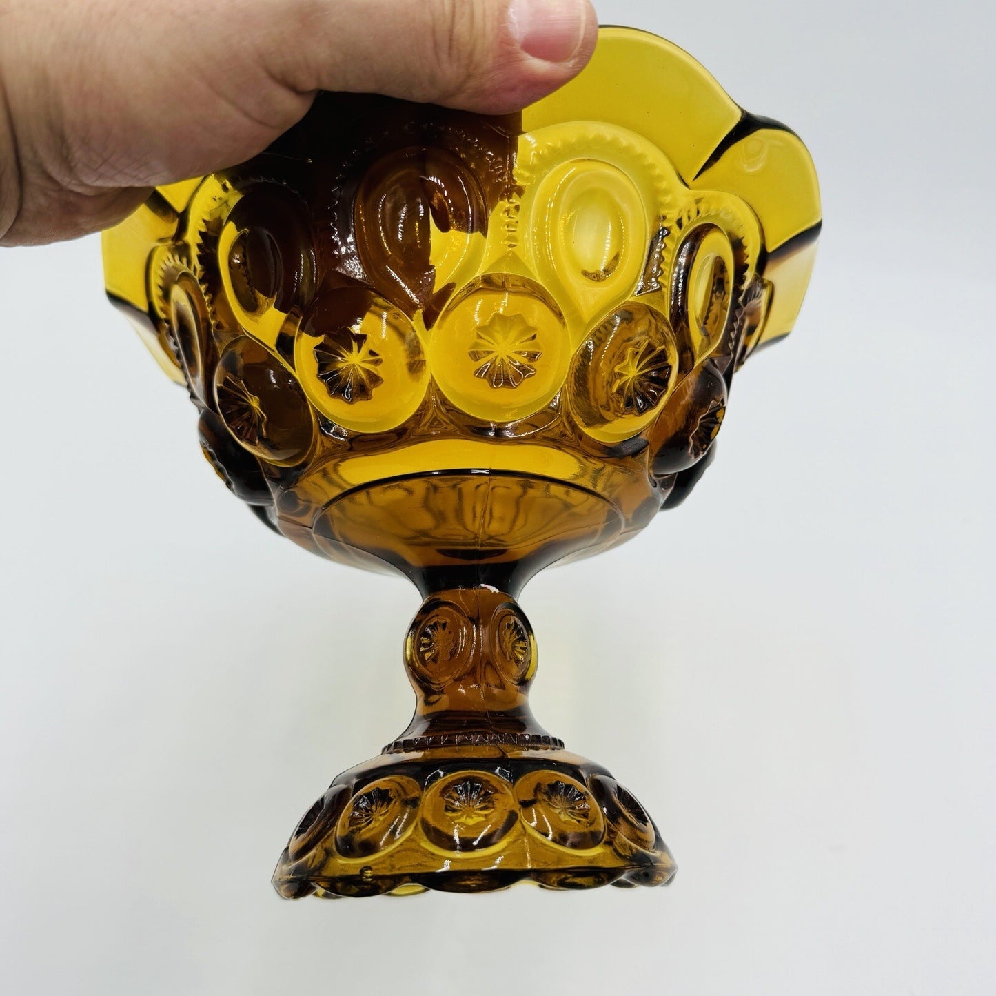 L.E. Smith Moon & Stars Amber Art Glass Pedestal Candy Bowl Dish 7in x 8in