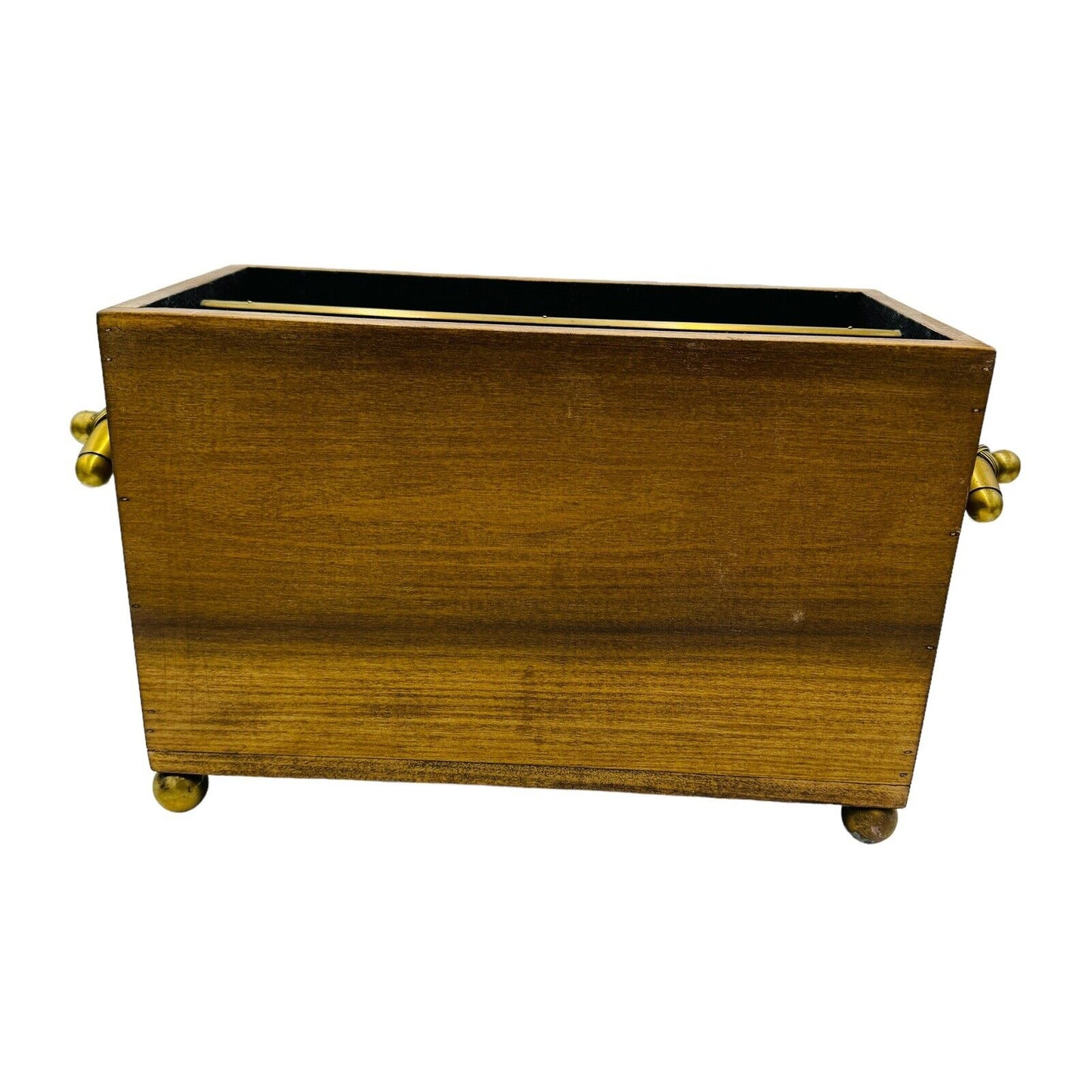 Magazine Holder Brass Handles Vintage Solid Wood Hollywood Regency Storage Decor