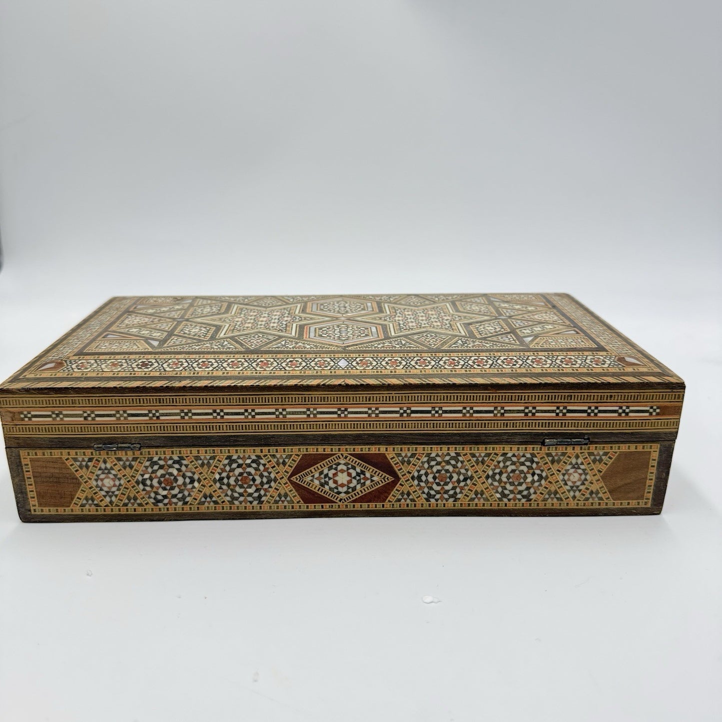 1950 Middle East Marquetry Mosaic Wood Inlaid Pearl Box Backgammon Inside