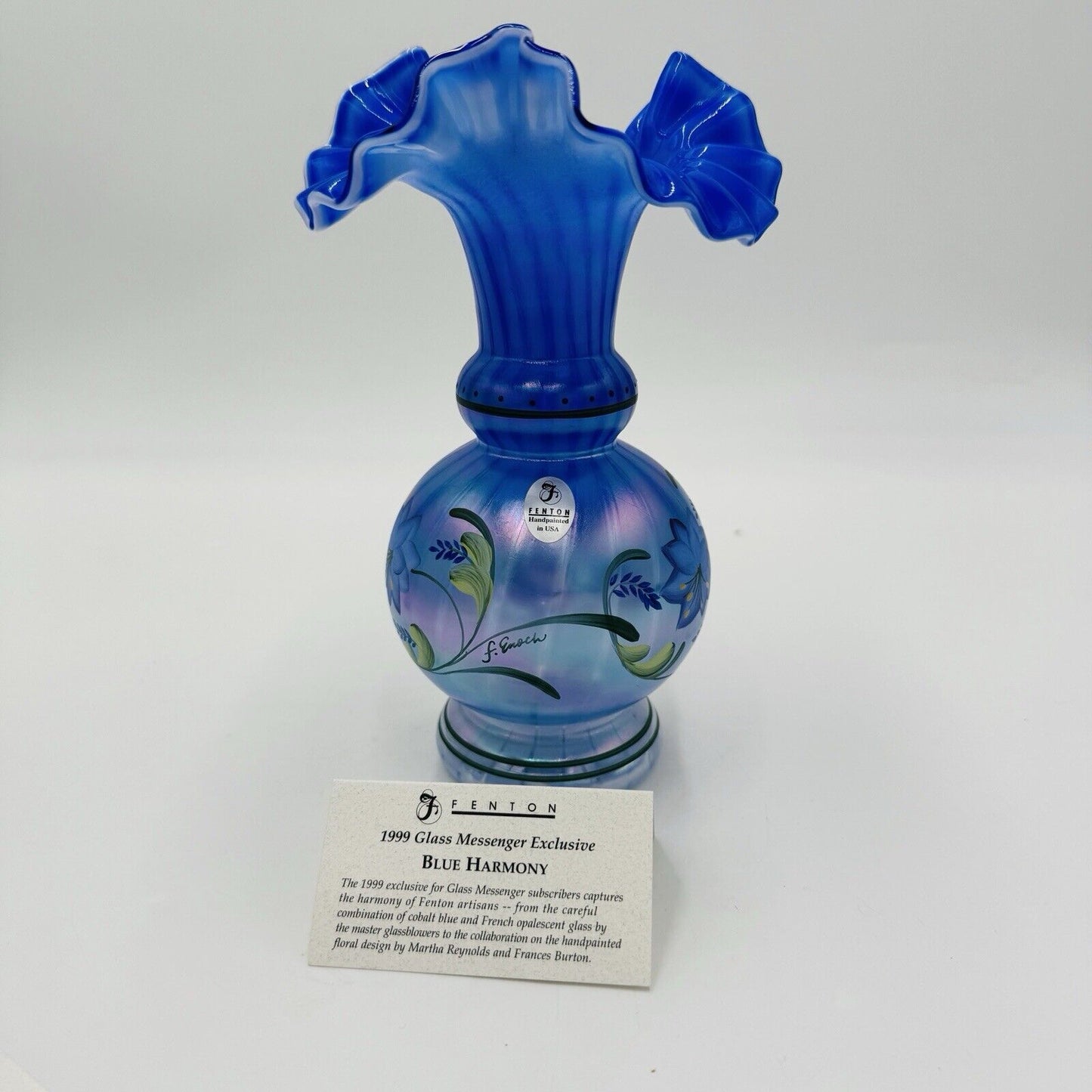 Fenton Art Glass 1999 Messenger Exclusive Blue Harmony Vase Signed Dan Fenton
