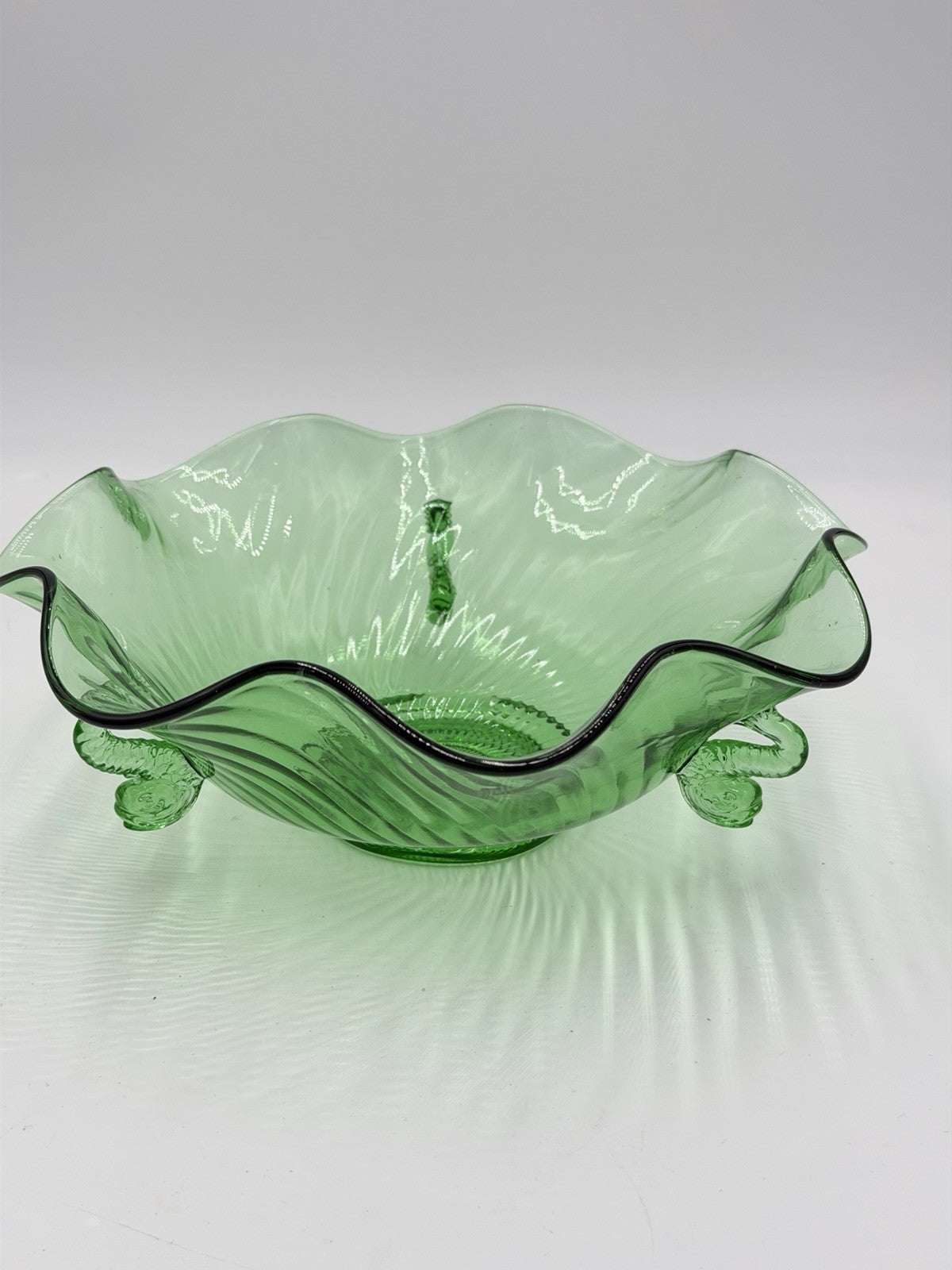 Rare Fenton Art Glass Green Emerald Scalloped Dolphin Art Deco Candy Bowl 3”x9”h