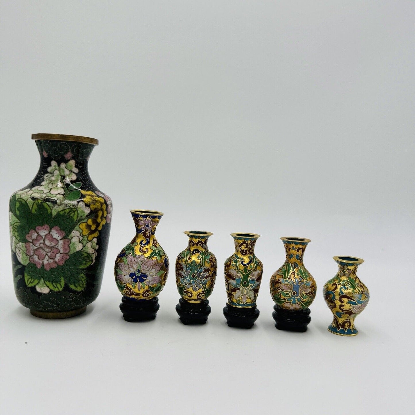 Vintage Cloisonné Enamel Mini Vases Set 6 Pieces Floral