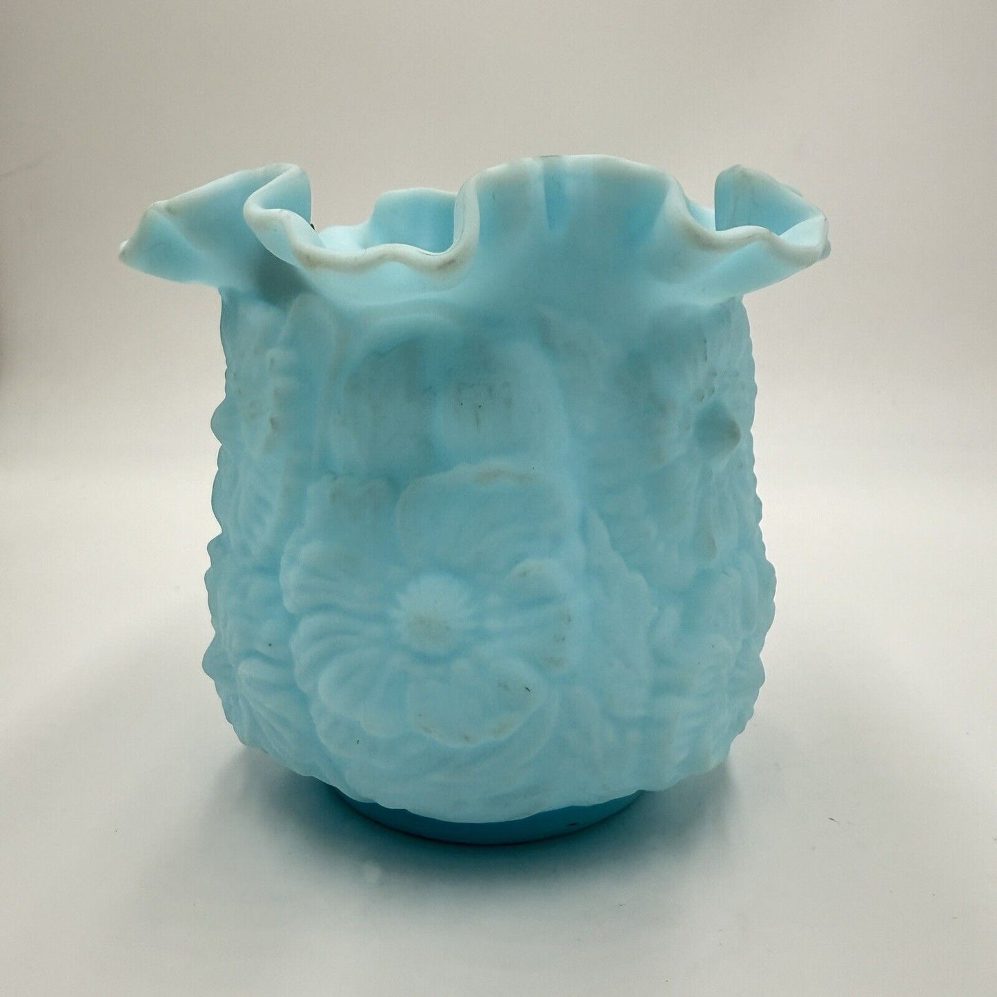 Vtg Fenton Blue Satin Glass Vase Ruffled Edge Poppy/Daisy Large 6" H x 6 1/2" W