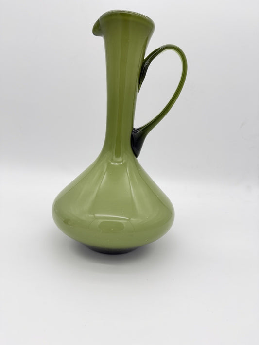 MCM Empoli Italy Olive Green Cased Art Glass Ewer Pitcher Wine Bottle Italy 12”