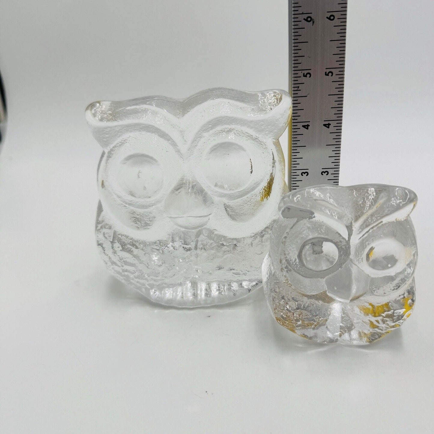 Skruf Sweden art glass owls figurines frosted Signed 1974 MCM