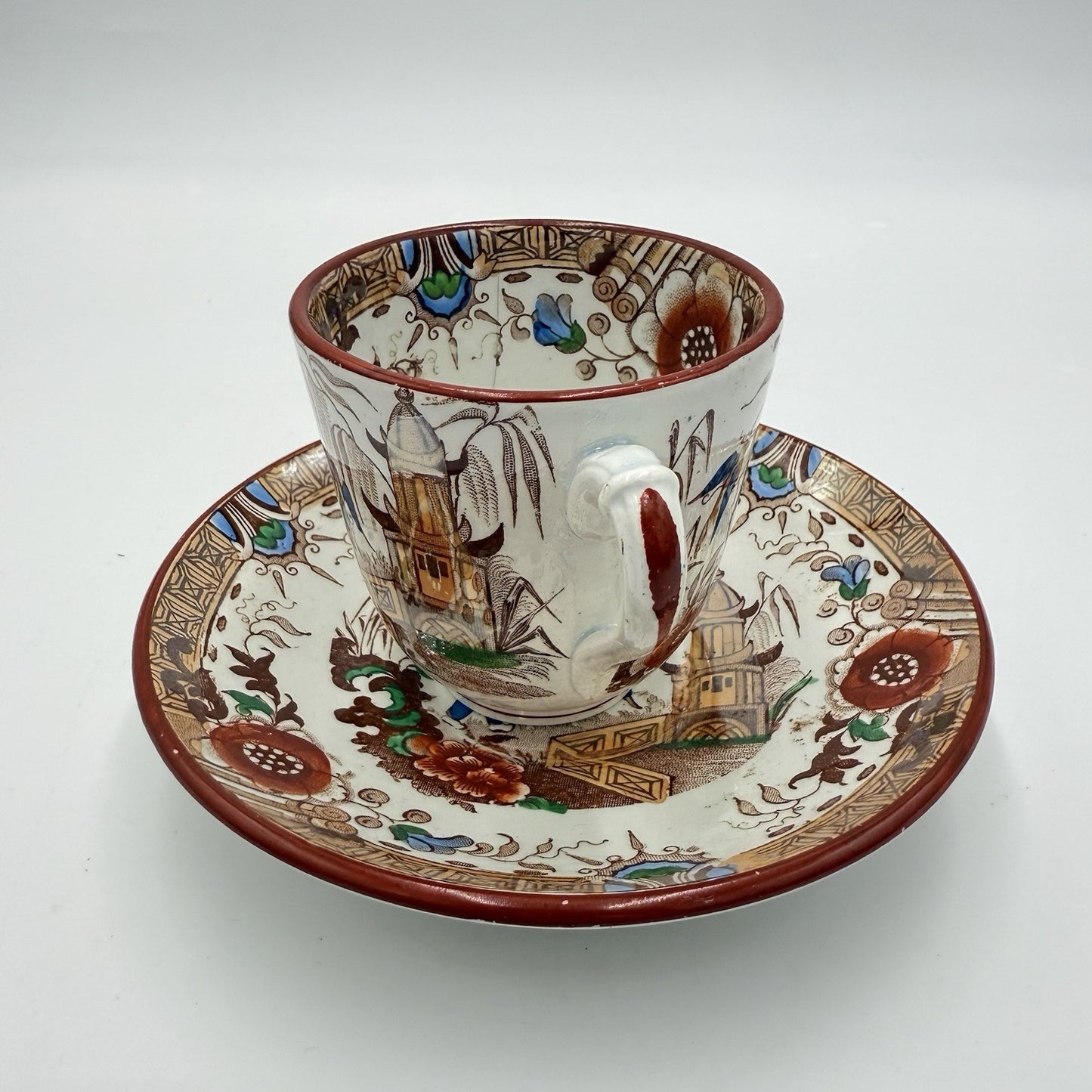 Antique 1875 Opaque de Sarreguemines Kyoto Demitasse Tea Cup & Saucer Set