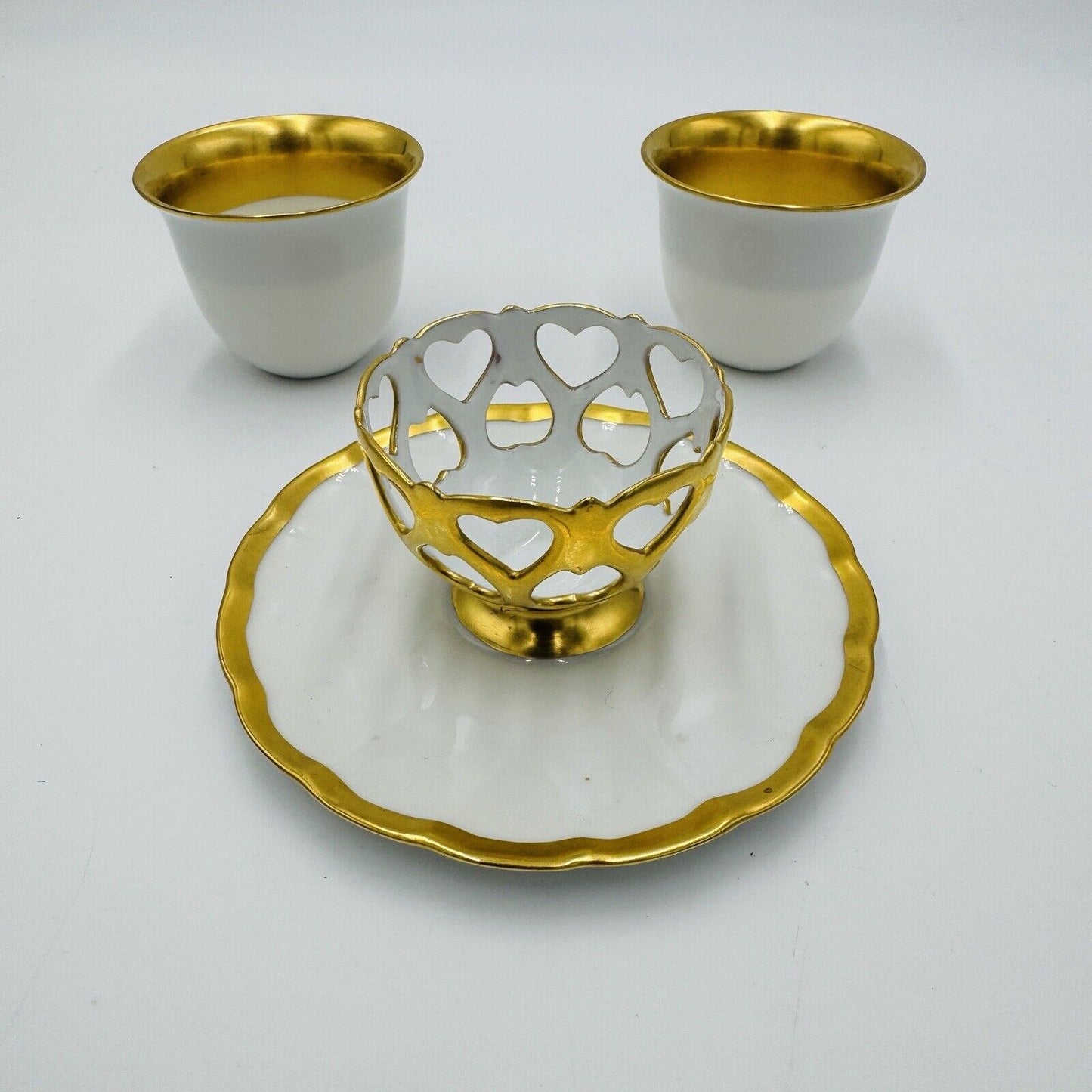 French Porcelain Gold Trim Egg Cups 3 Pieces Unmarked Rare Antique Serveware
