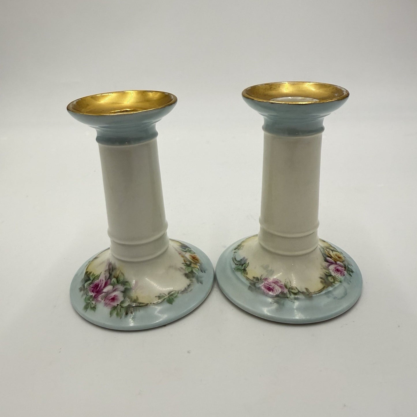 Antique Limoges France W.G. & Co Porcelain Pink Roses Candle Holders Painted