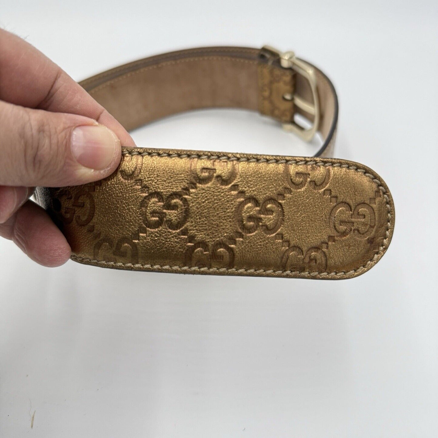 Gucci Bronze Metallic Guccissima Monogram Leather Belt Sz 85/34" Italy Authentic