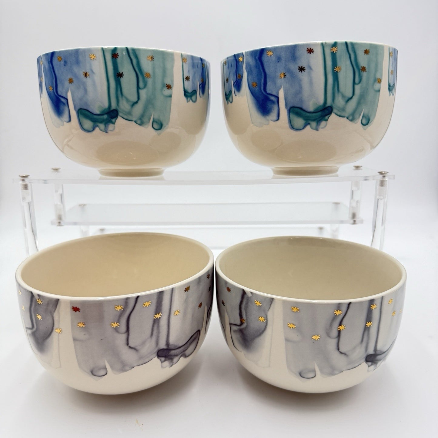 Anthropologie Night Sky Bowl Stoneware Blue Teal Drip Watercolor Gold Star Set 4