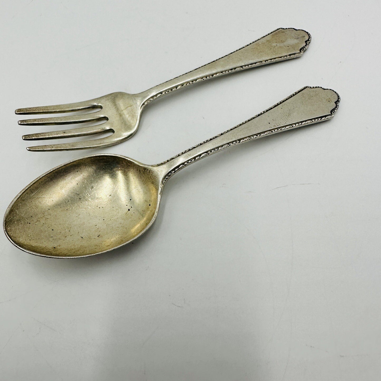 PATD 1921 Lunt William & Mary Baby Fork & Spoon Set Treasures Sterling 4” 2 Pcs