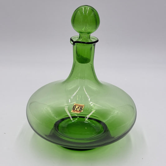 MCM Peedee Art Glass Green Decanter Italy 7” W/stopper Wayne Husted of Blenko