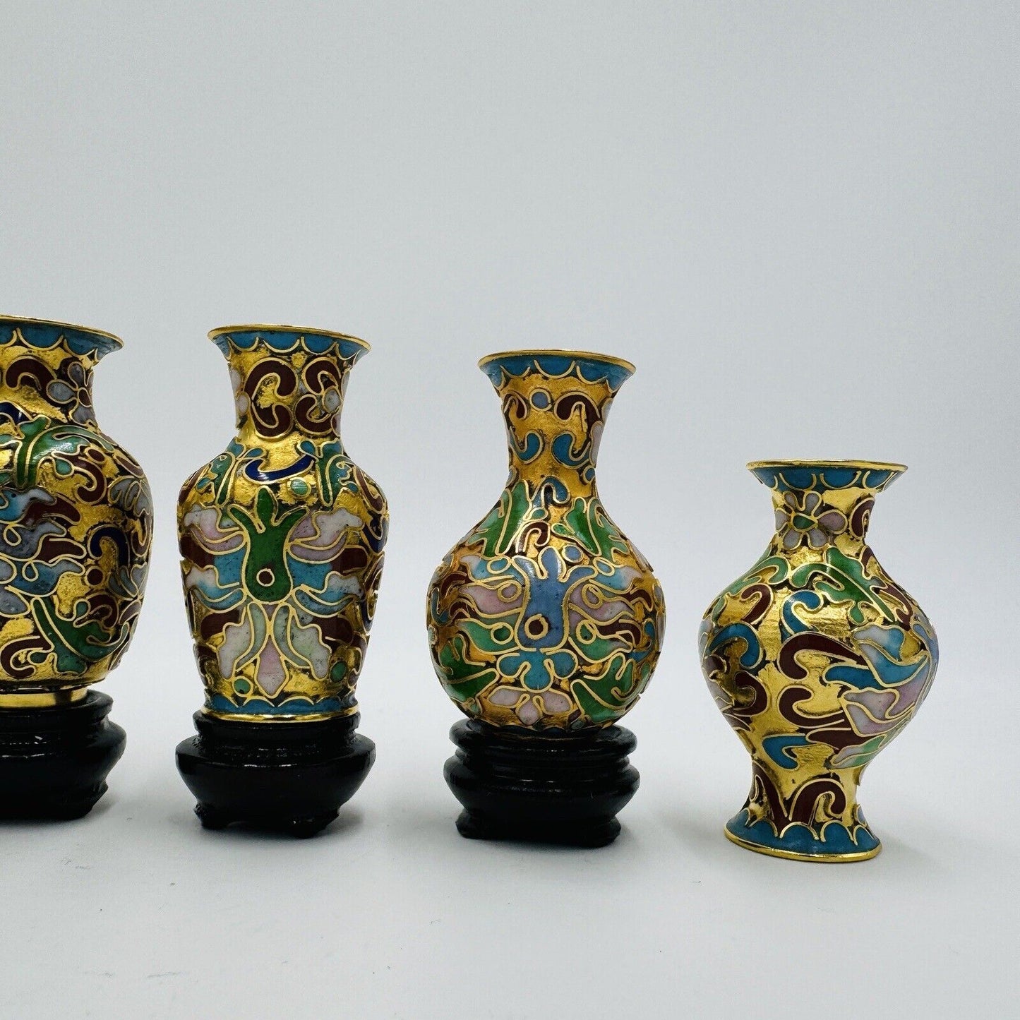Vintage Cloisonné Enamel Mini Vases Set 6 Pieces Floral