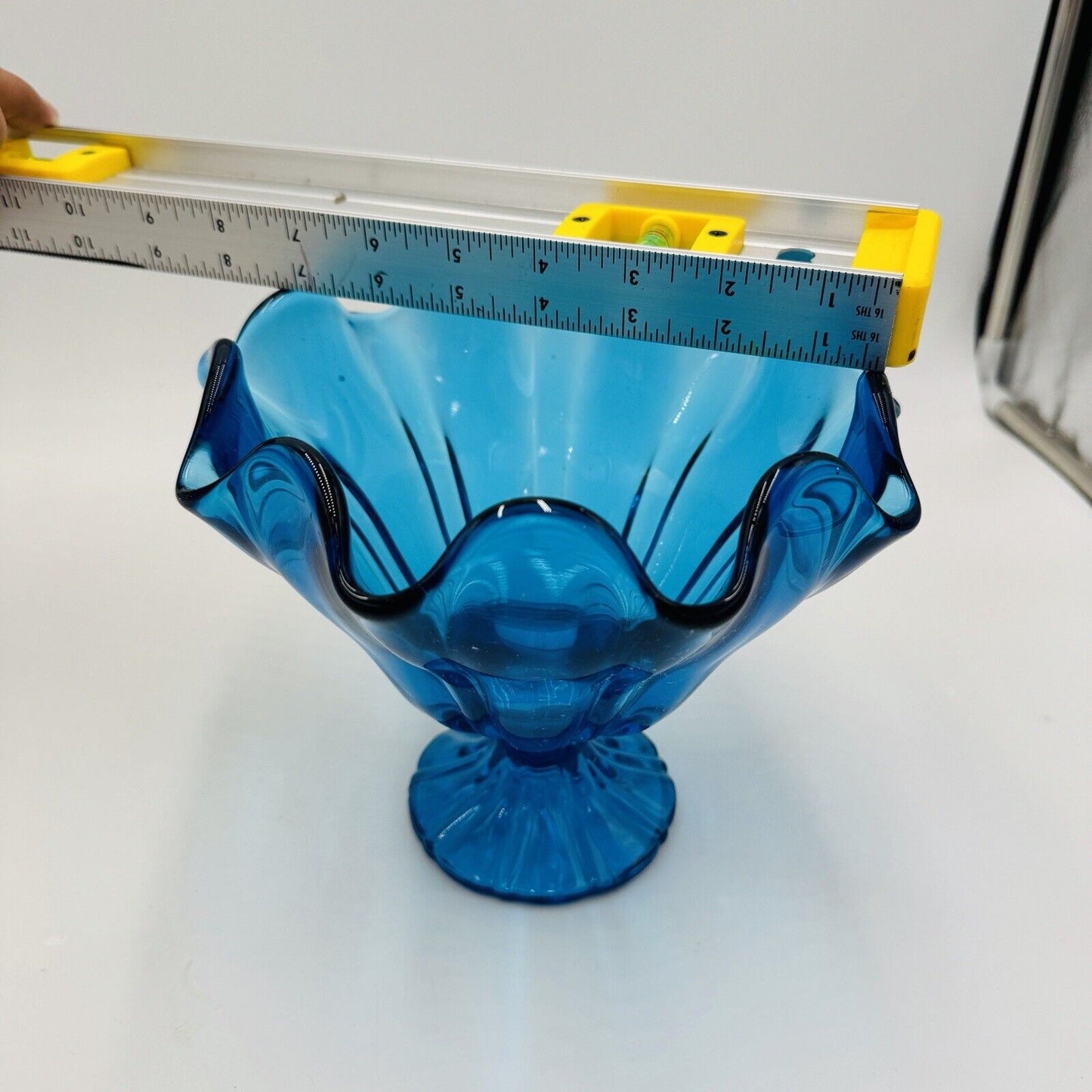 MCM L E Smith Glass Pedestal Peacock Blue Bowl With Ruffled Rim Rippled Sides 7"