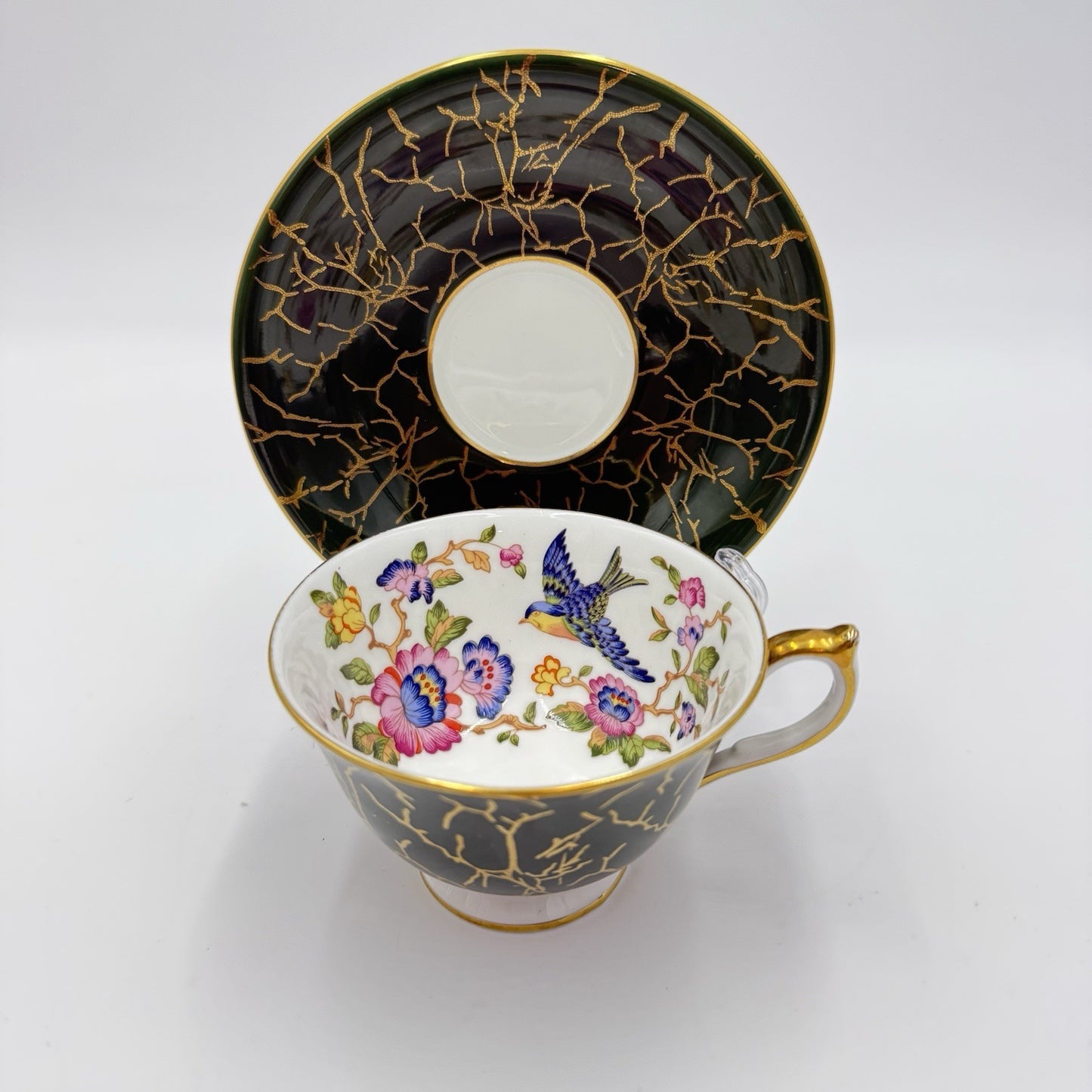 Aynsley Bone China Pembroke Pattern English Dark Green Floral Bird Crackle-like