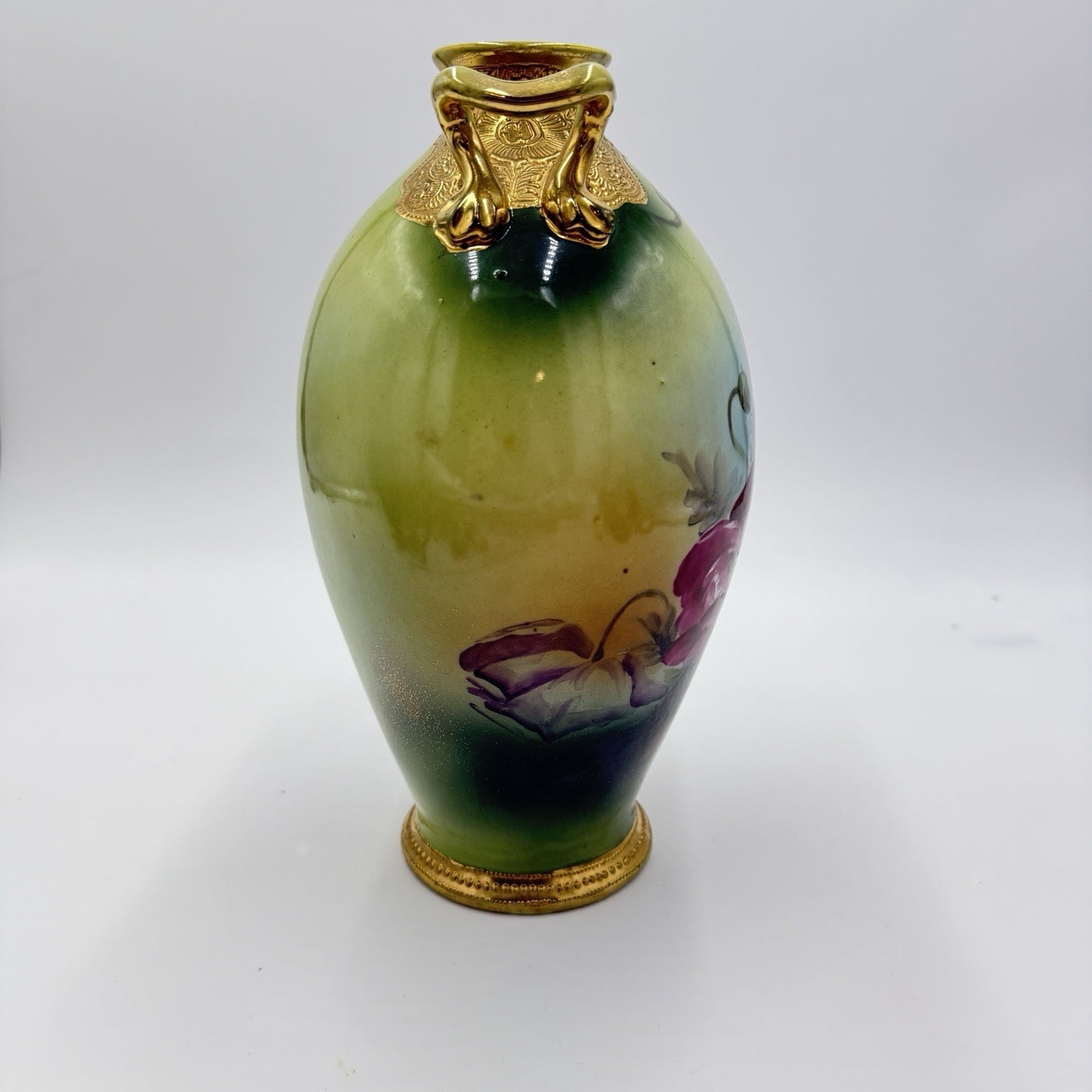Antique Morimura Bros Nippon Poppy Gold Bead Hand Painted 10” Porcelain Vase Urn