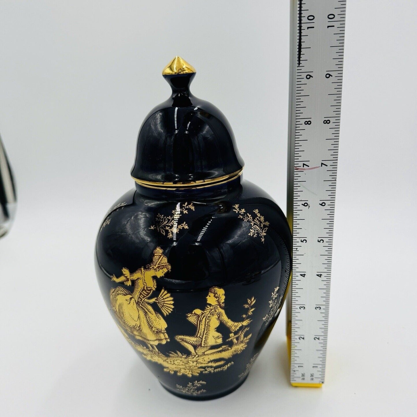 Limoges France Cobalt Blue Urn W/ Lid courting couple porcelain 9.5” Gold Trim