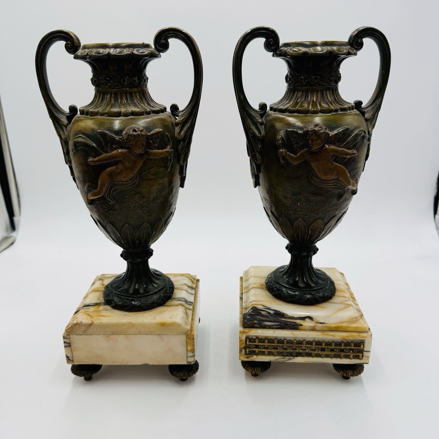 French metal vases rare 1800s Chateau ornate chimney cherubs marble base 13.5in