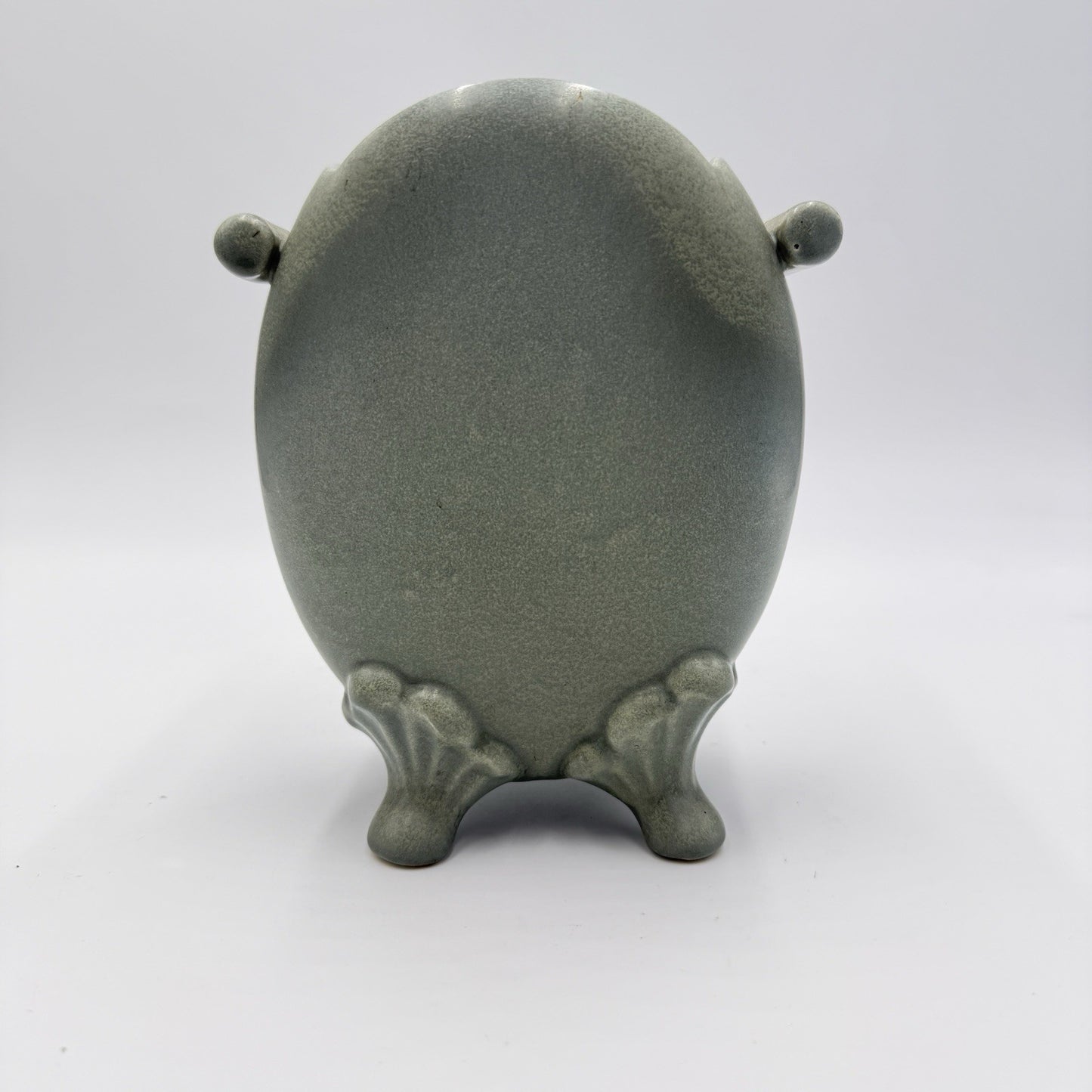 Celadon Art Pottery Green Footed Vase Double Handle Chinese 6.5”h X 2”w X 5.5”
