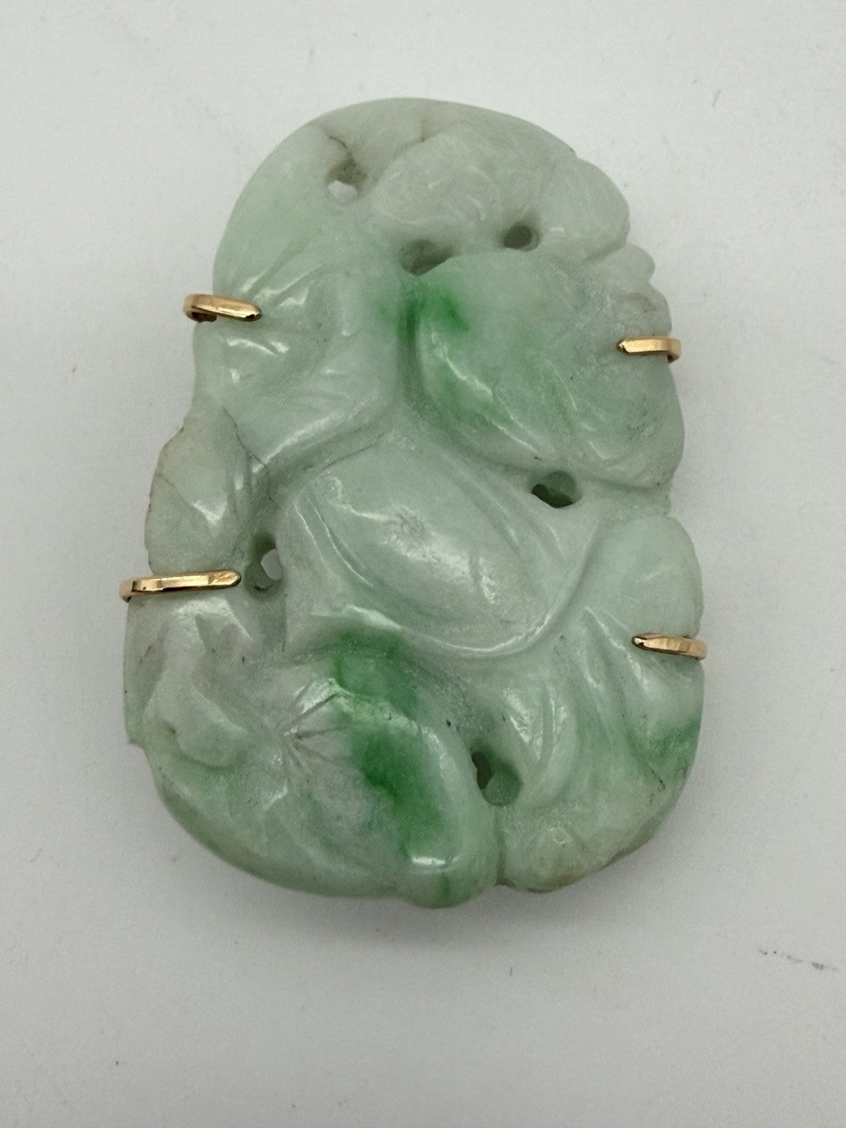 Antique Chinese 14K Yellow Gold Jadeite Jade Pin Brooch Natural Jade