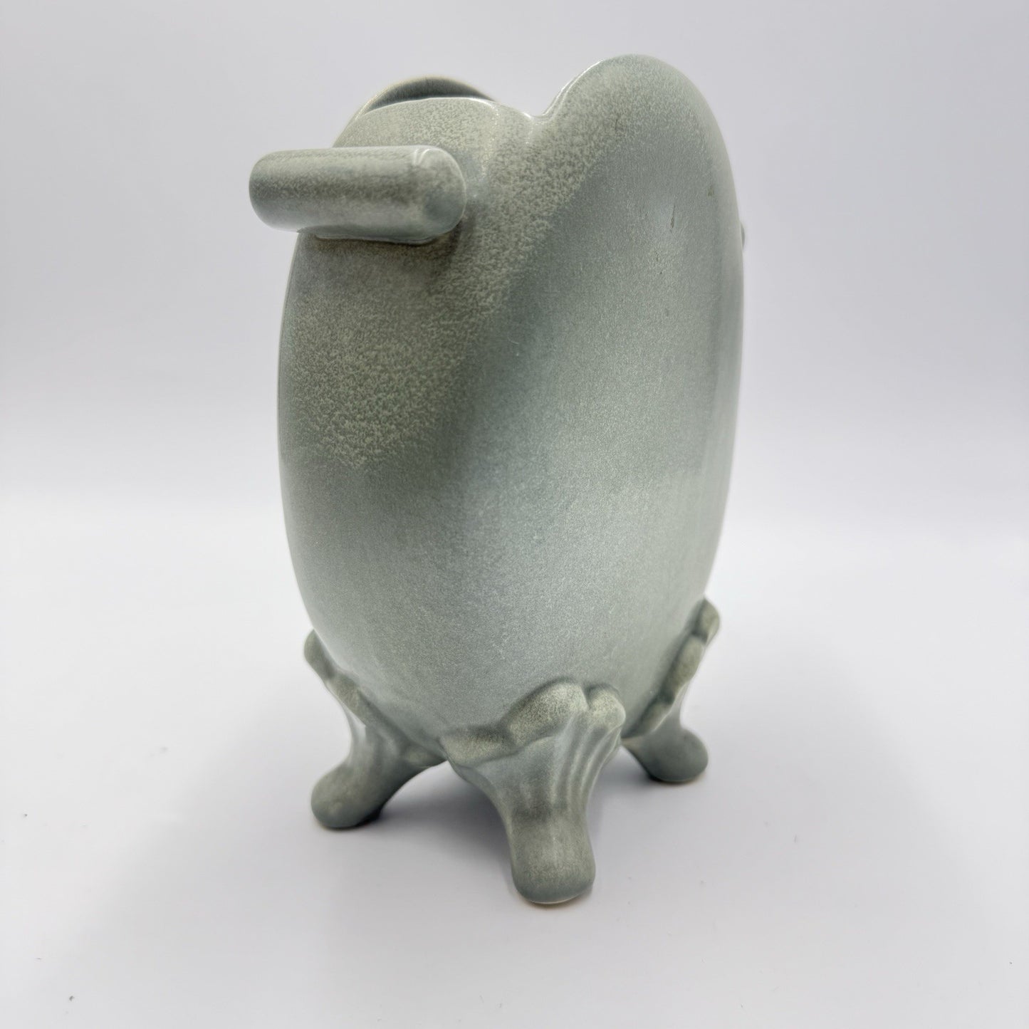 Celadon Art Pottery Green Footed Vase Double Handle Chinese 6.5”h X 2”w X 5.5”