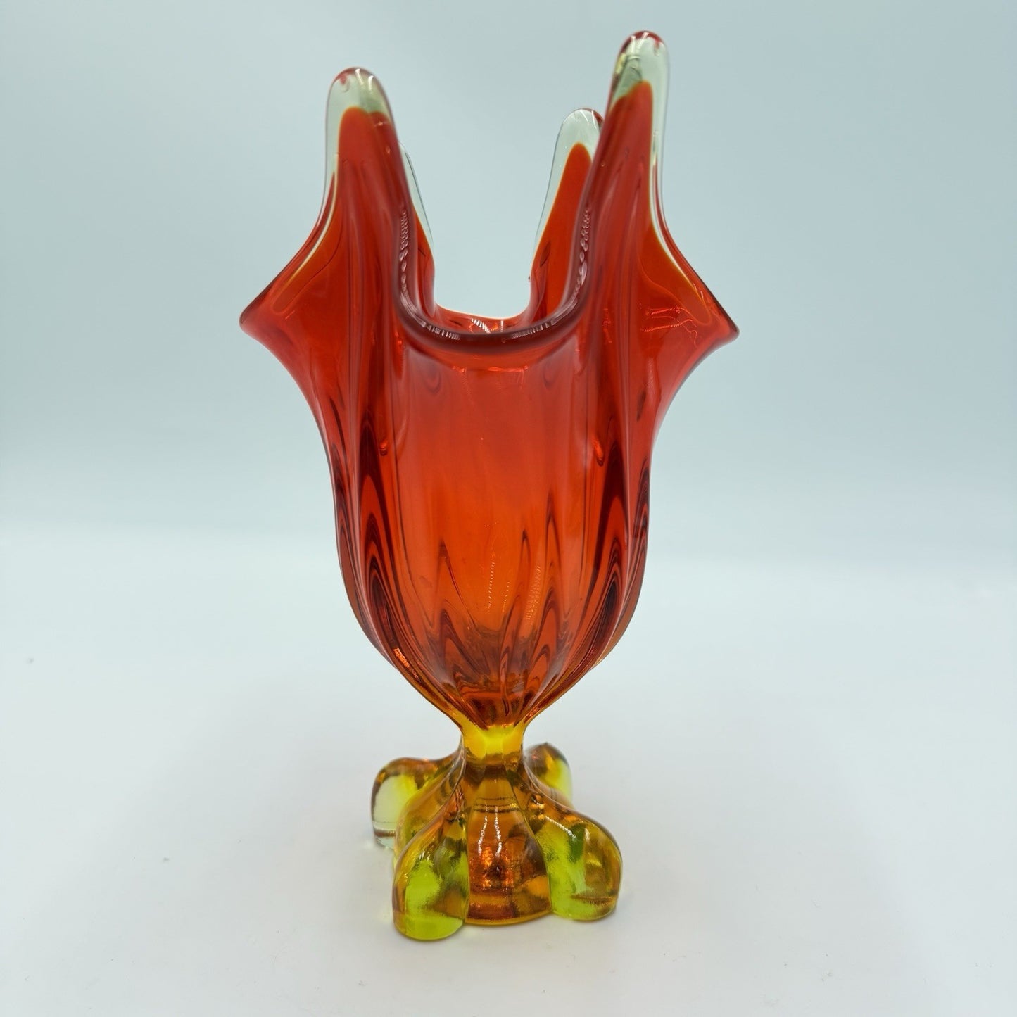 Viking art Glass EPIC Four Square Footed Swung Vase Persimmon Cadmium UV Glow