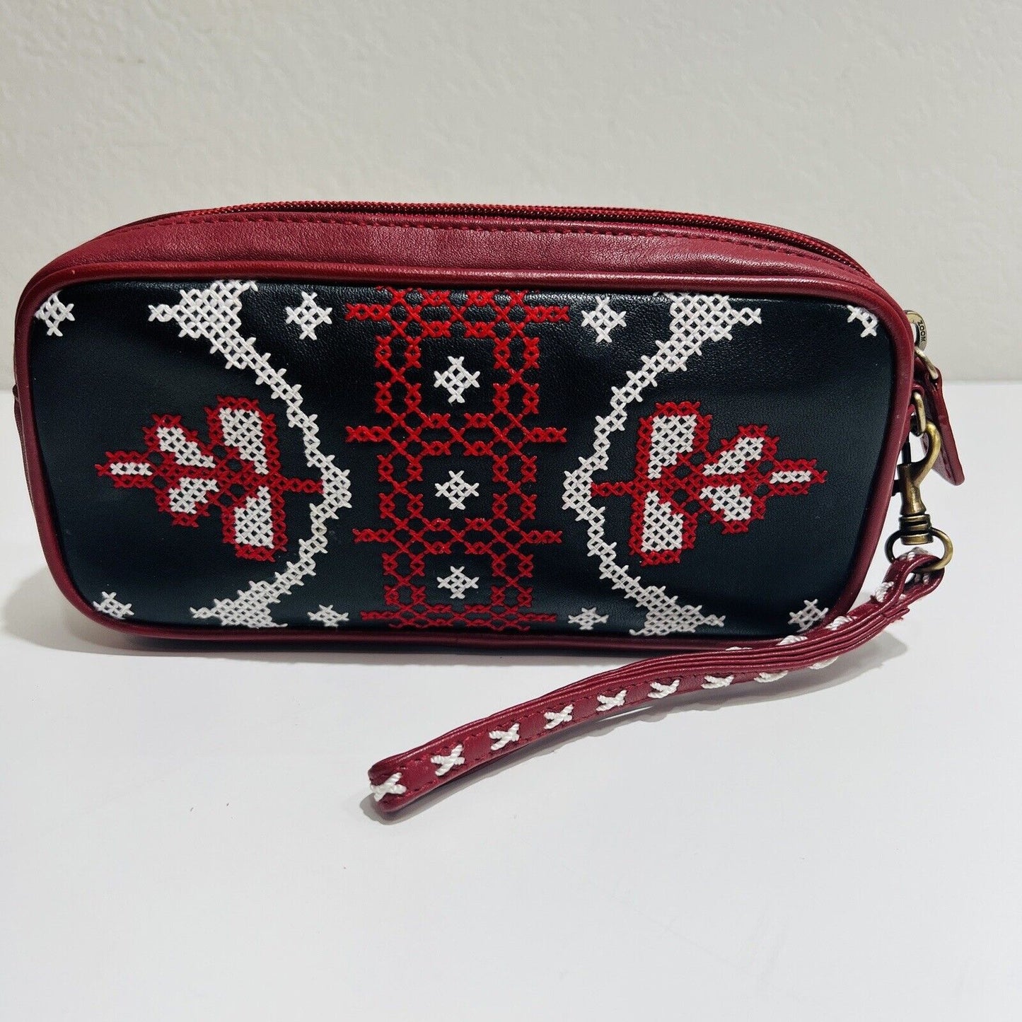 Isabella Fiore Clutch Wristlet Women's Handbag Black Red Embroidered Purse Bag