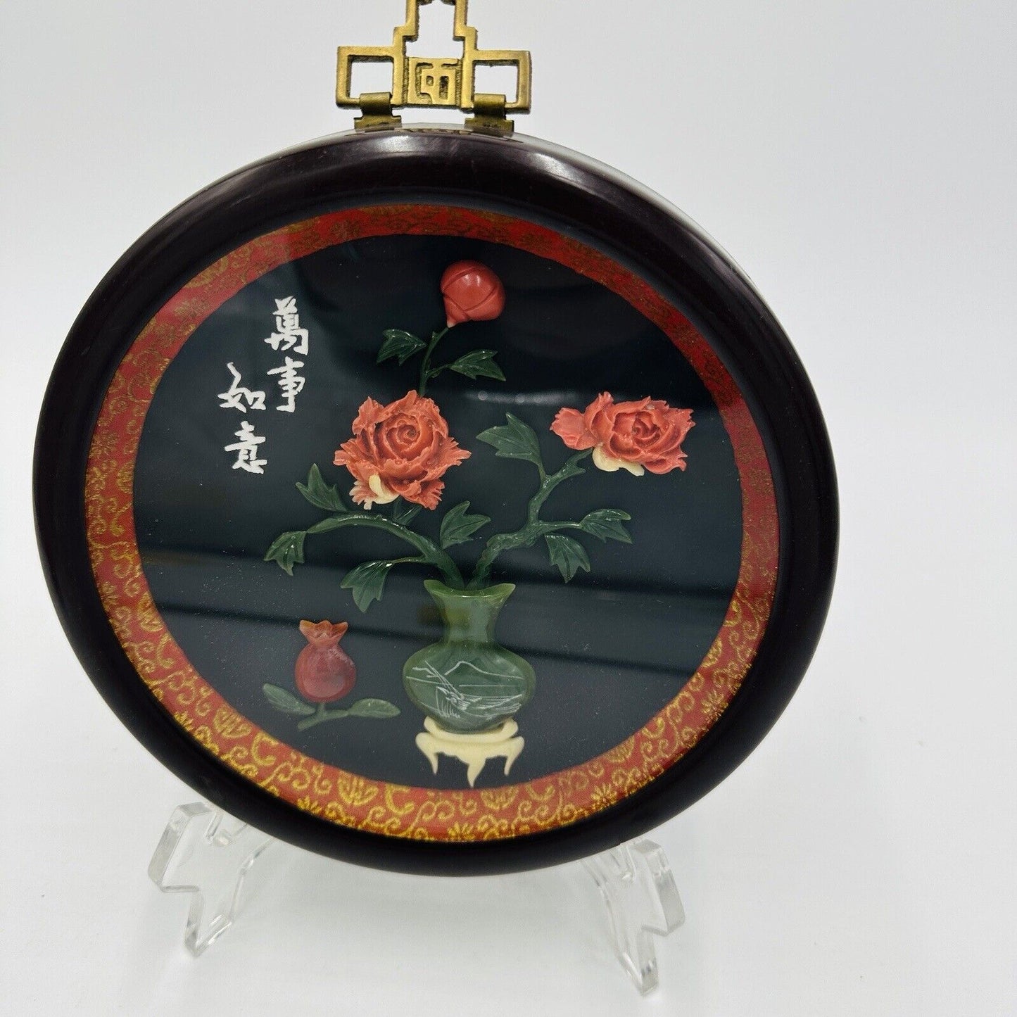 Chinese Round Art Blooming Flowers Smiling In Spring Jade Coral Wall Vintage