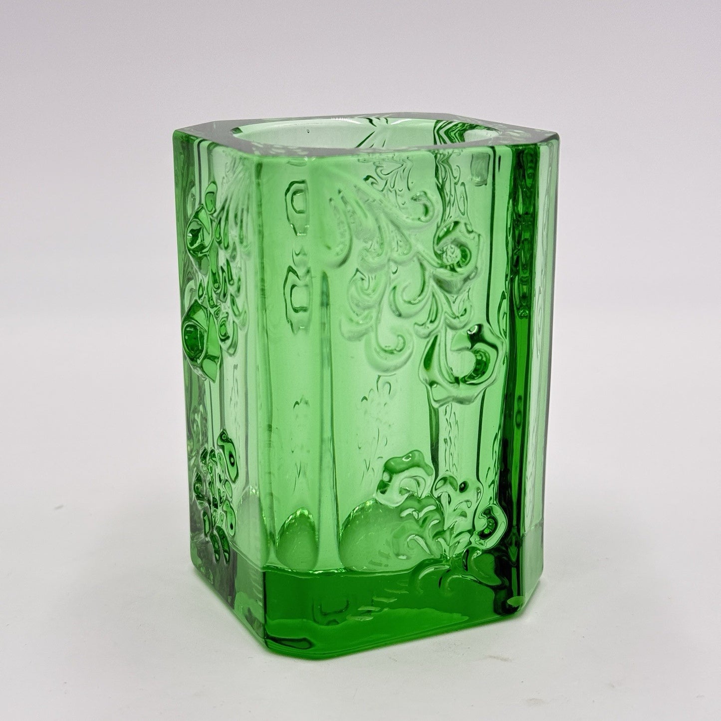 Vintage Tittot Art Glass Green Emerald Embossed Vase 3.5”H Candle Holder Votive