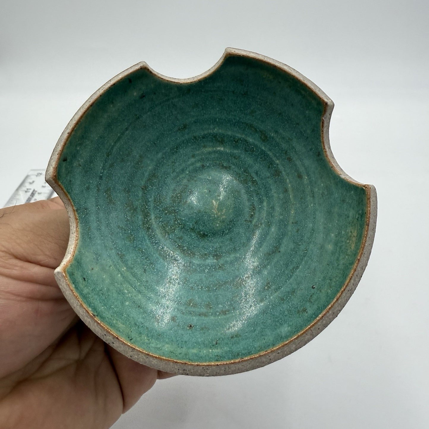 KK signed studio art pottery stoneware trinket dish green 4”vintage Rare W/lid