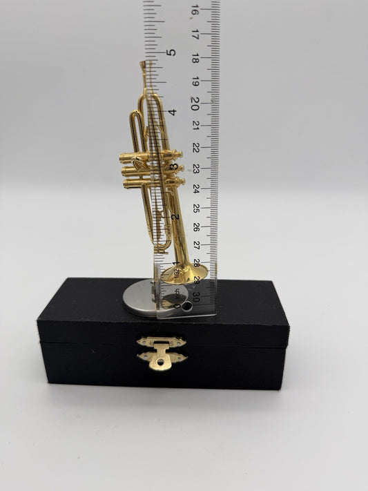 Broadway brand 5” miniature trumpet Instrument Brass figurine W/case & Stand Vtg