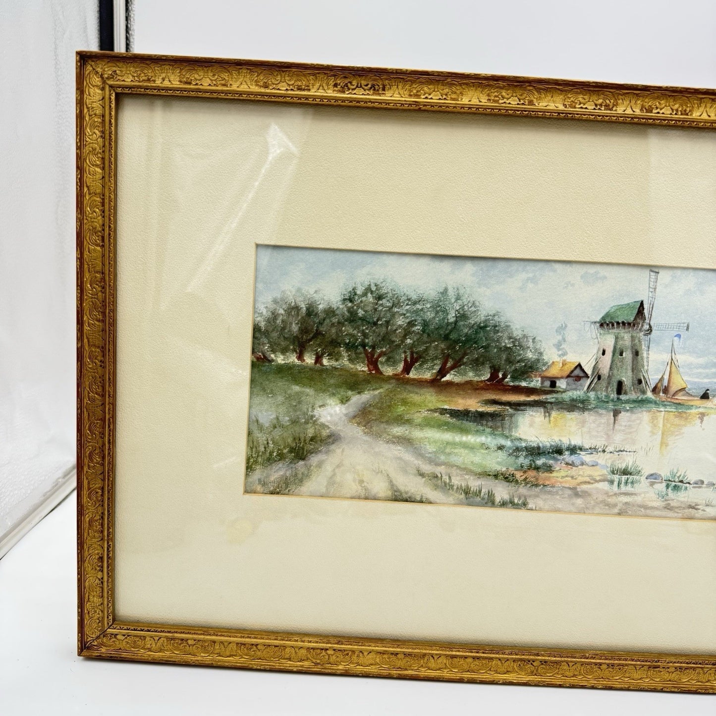 Dutch Scene Windmill & Boats Watercolor Painting signed Ethel Christpson Origin