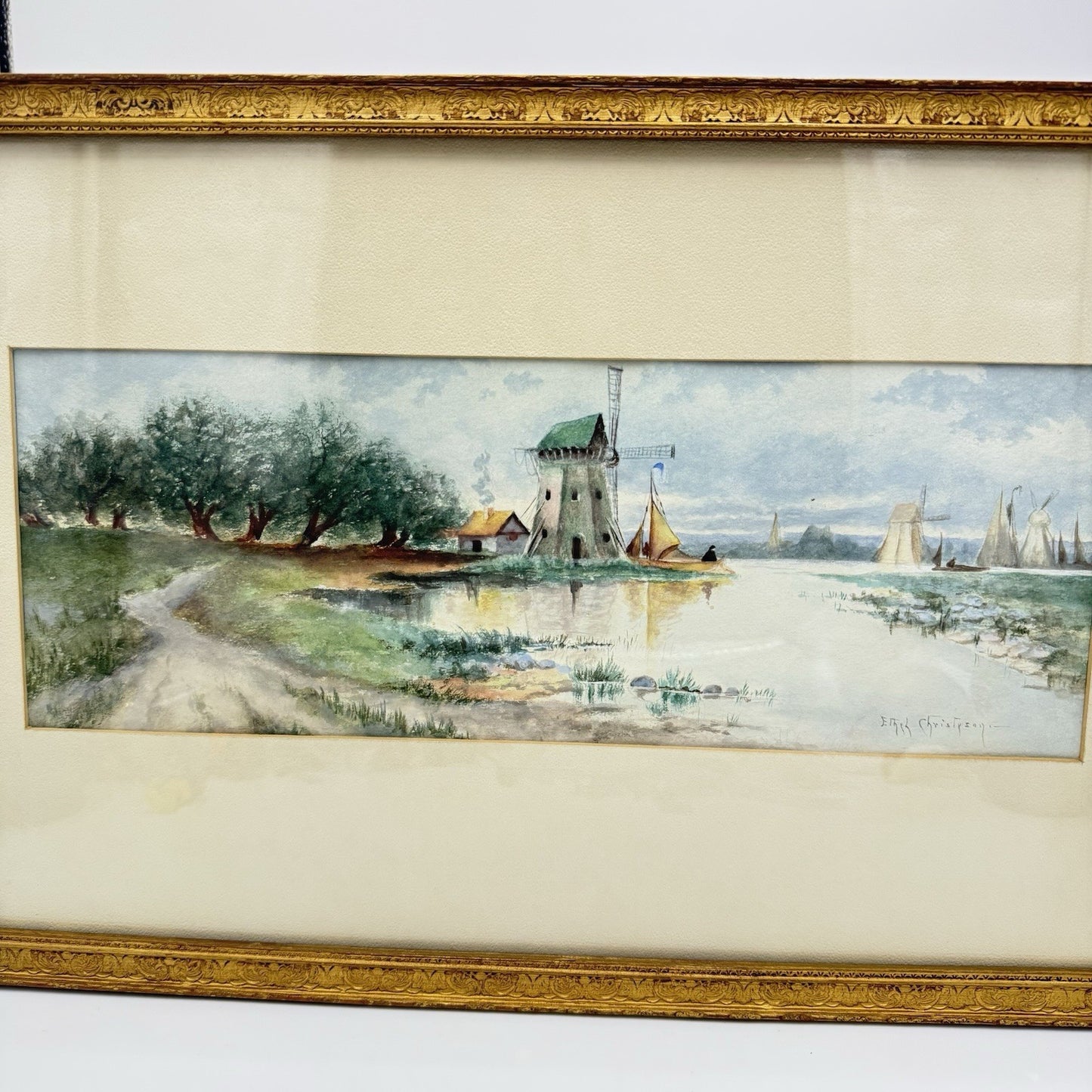 Dutch Scene Windmill & Boats Watercolor Painting signed Ethel Christpson Origin