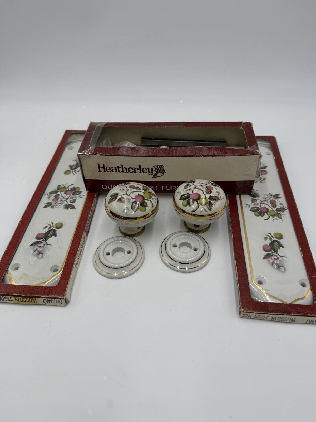Heatherley victorian porcelain 22A Apple blossom door knob mortice set UK