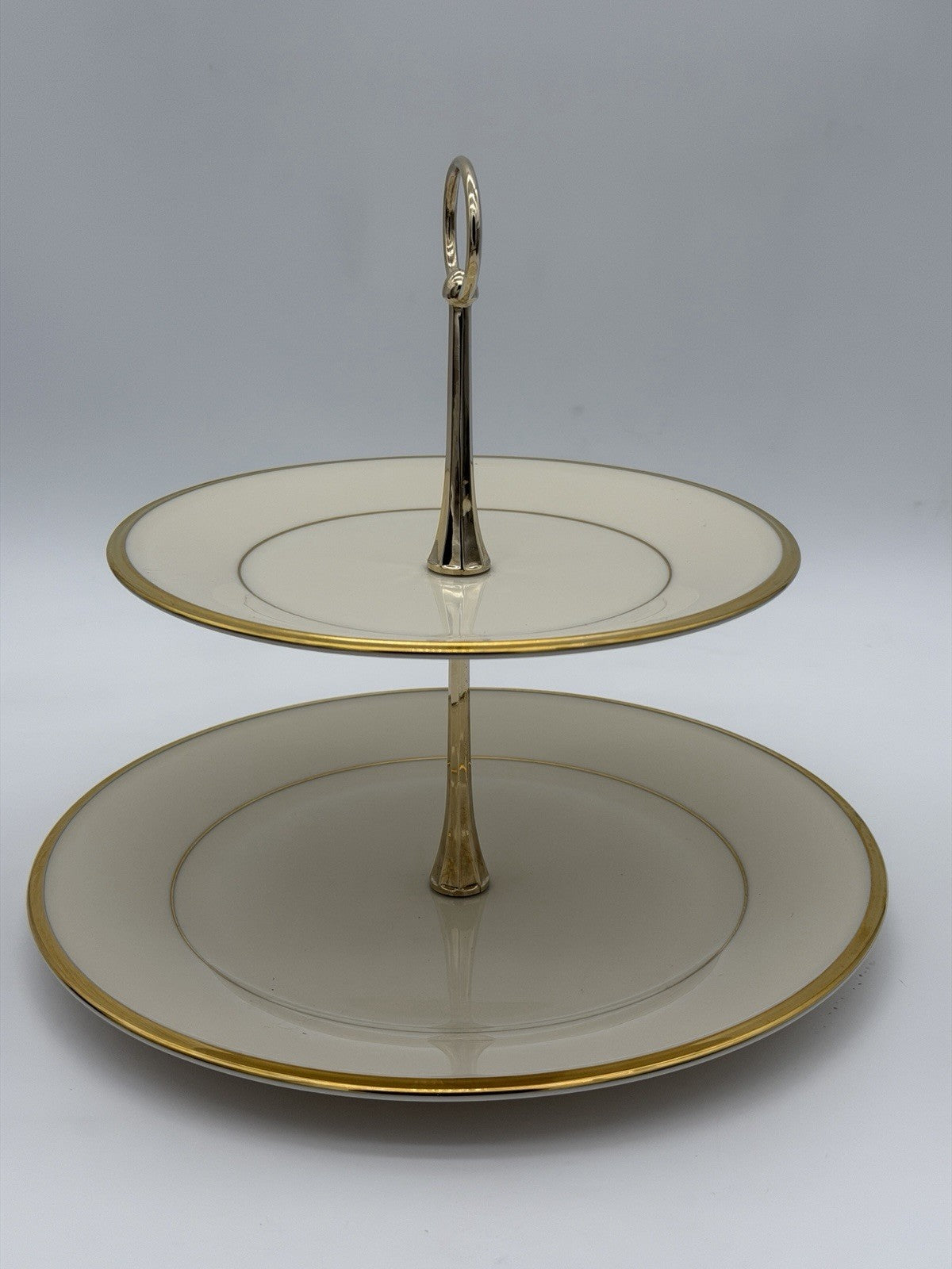 Lenox USA Porcelain Eternal Gold 2 Tier Tidbit Appetizer Stand Gold rim 10”&8”