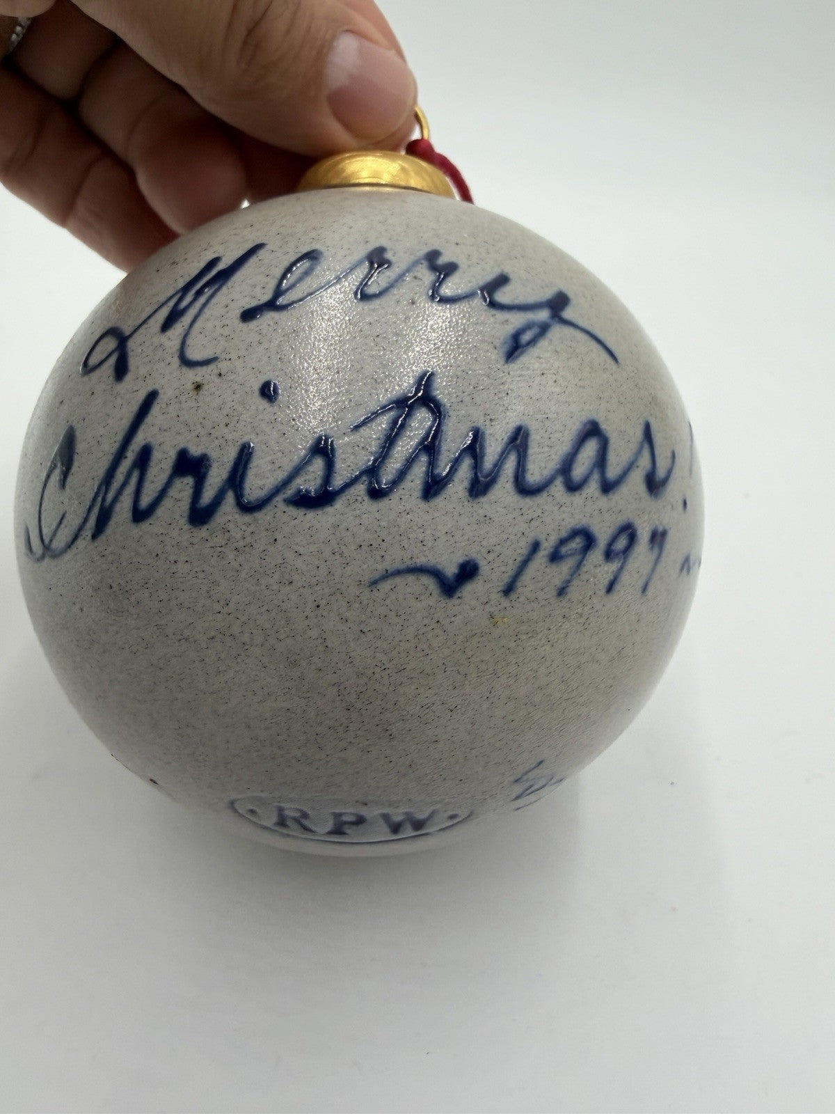 Rowe Pottery Works Ornament 1997 Salt Glaze Father Christmas Santa Ball Blue Vtg