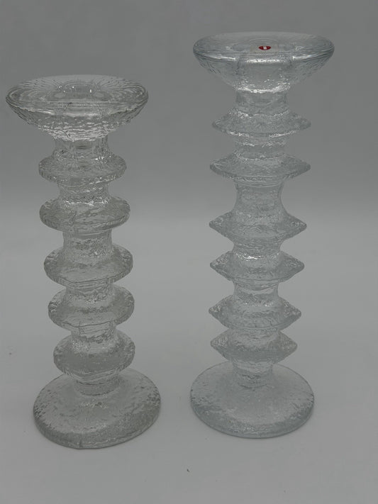 Vintage Pair of Iittala Frost Ice Icicle 5 Ring Glass Candlestick Holders